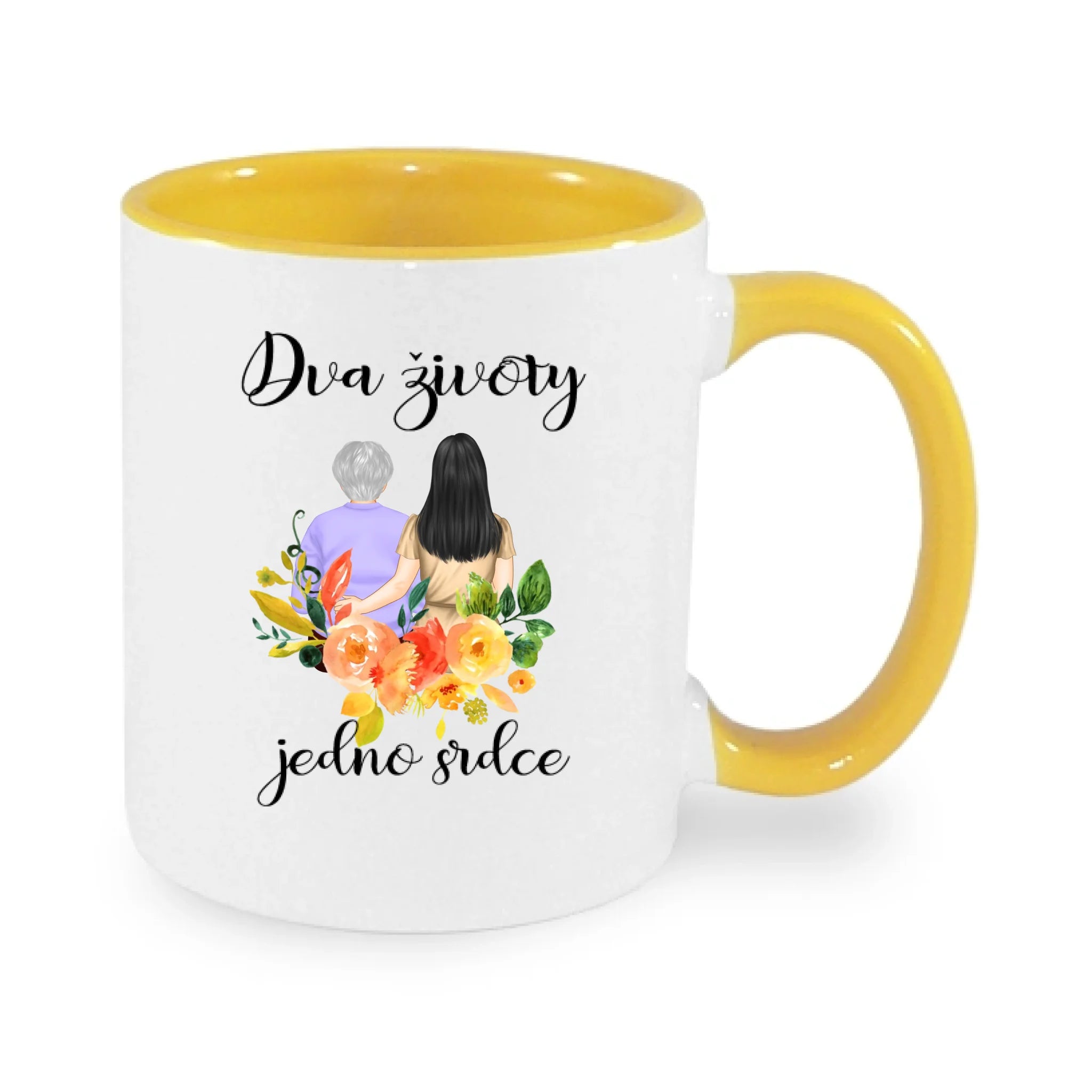 HRNÍČEK s motivem MÁMA A DCERA (vyberete nebo vložíte text) potisk jen dopředu hrníček Bílá žlutá 330 ml