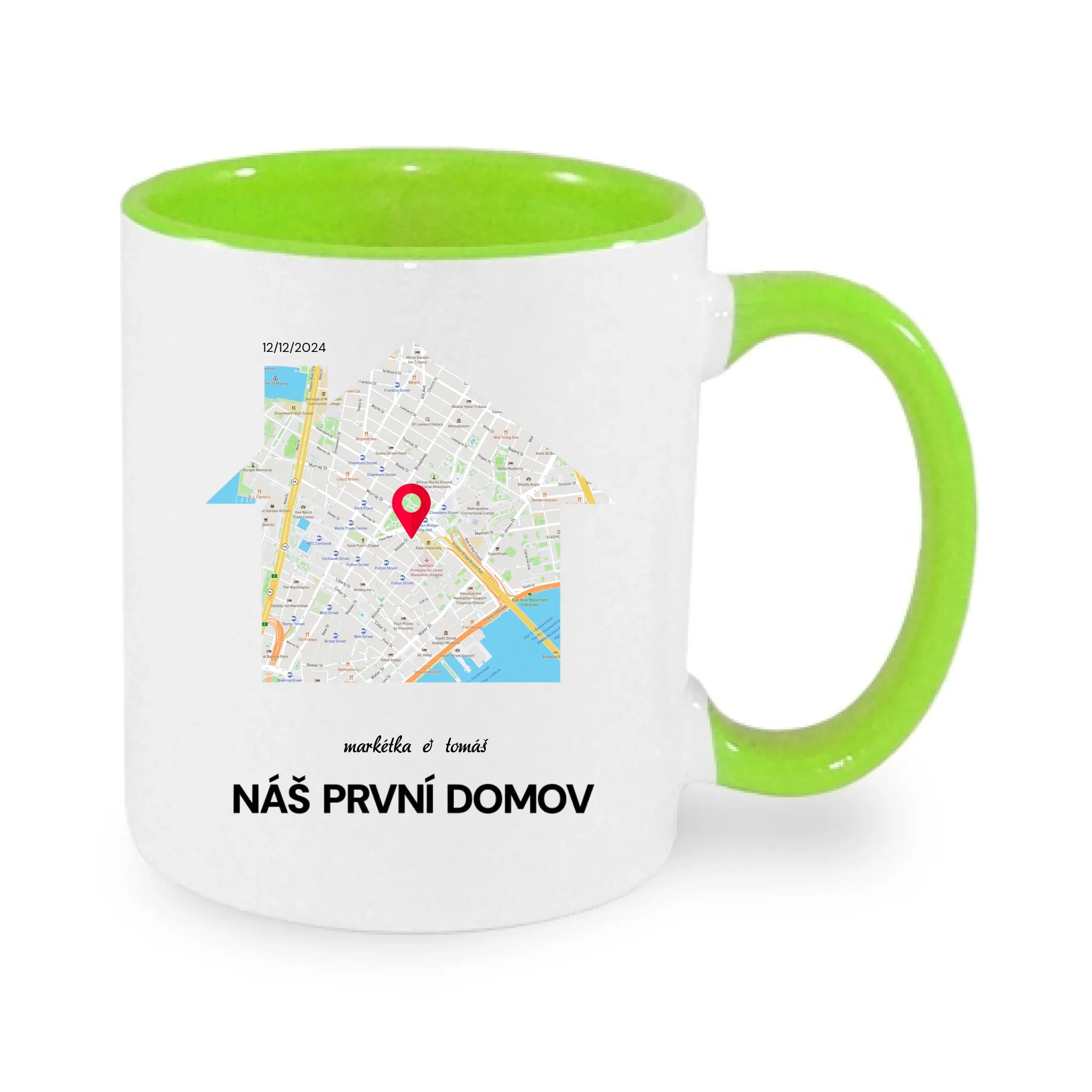 HRNÍČEK MAPA vyberte místo, generujte mapu, doplňte vlastní texty potisk jen dopředu hrníček Bílá zelená 330 ml