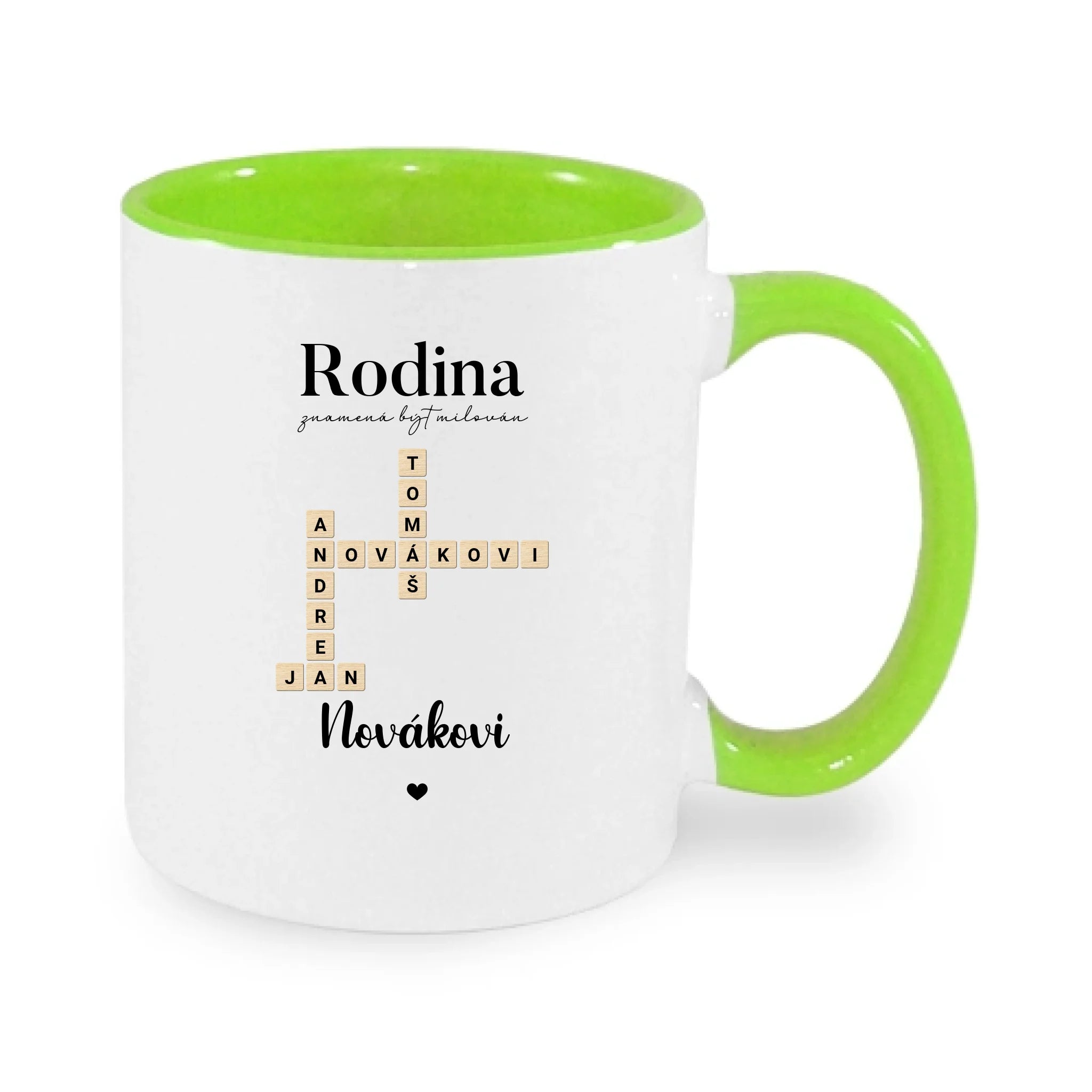 HRNÍČEK s motivem RODINA SCRABLE (vložíte jména, doplníte texty) potisk jen dopředu hrníček Bílá zelená 330 ml
