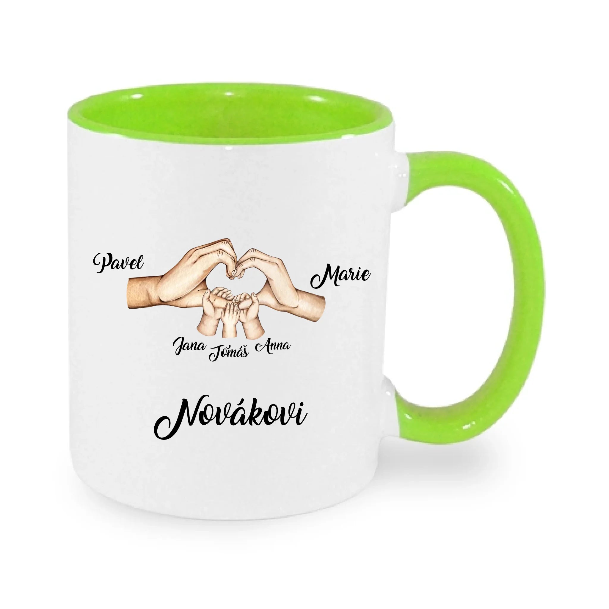 HRNÍČEK s motivem RODINA RUCE (vložíte jména) potisk jen dopředu hrníček Bílá zelená 330 ml
