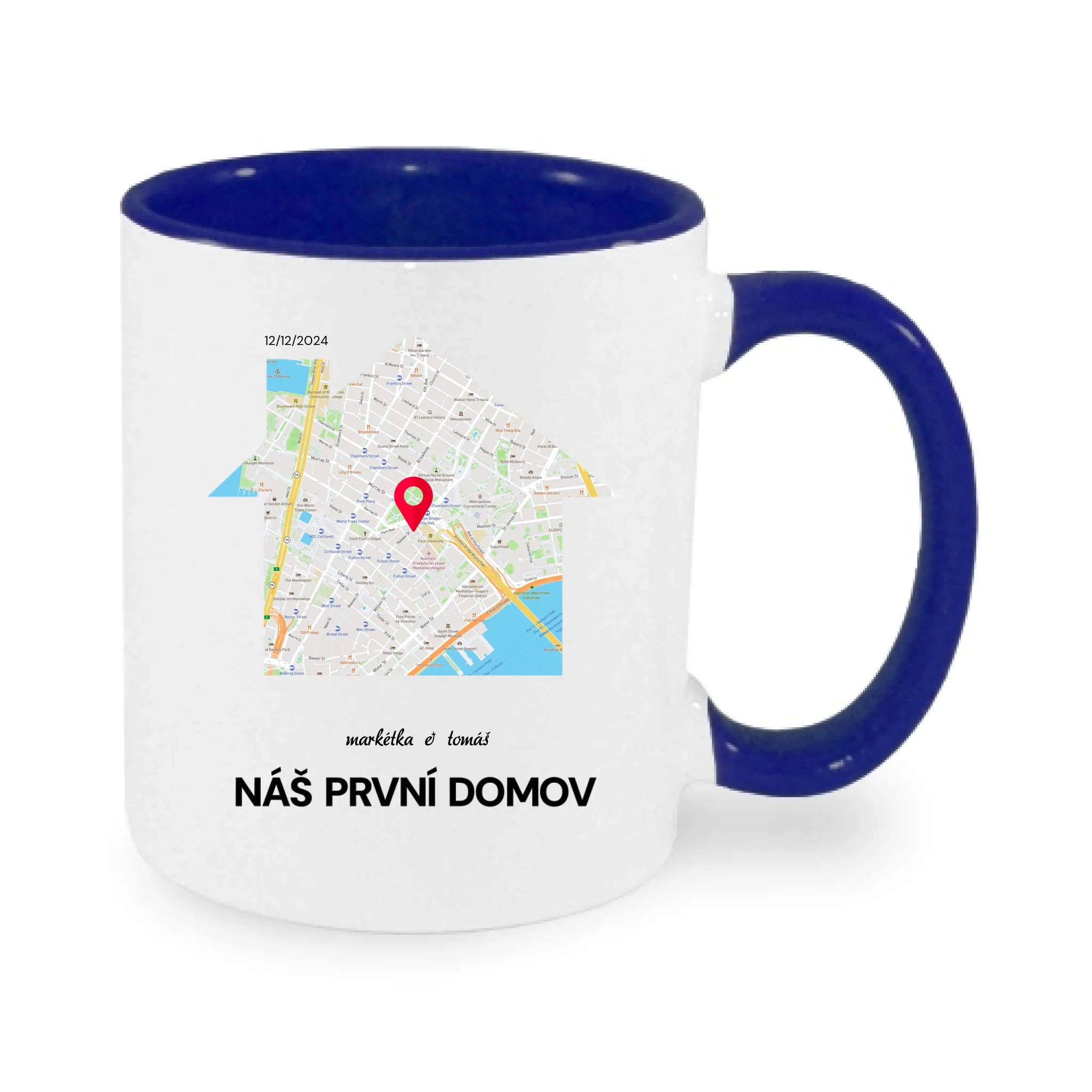 HRNÍČEK MAPA vyberte místo, generujte mapu, doplňte vlastní texty potisk jen dopředu hrníček Bílá modrá 330 ml