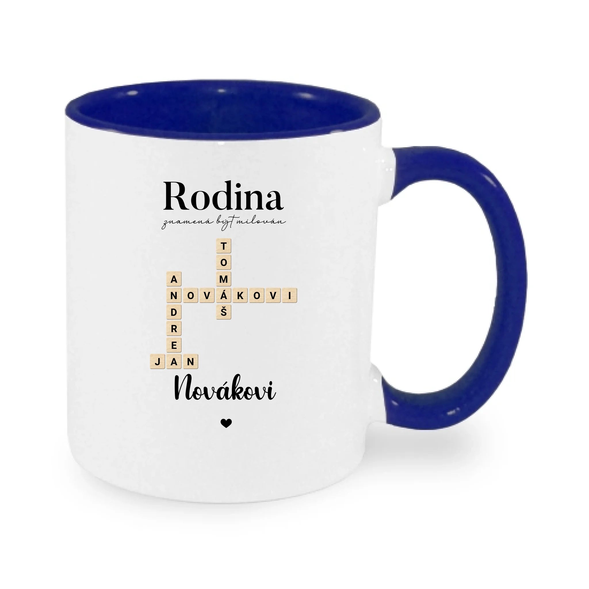 HRNÍČEK s motivem RODINA SCRABLE (vložíte jména, doplníte texty) potisk jen dopředu hrníček Bílá modrá 330 ml