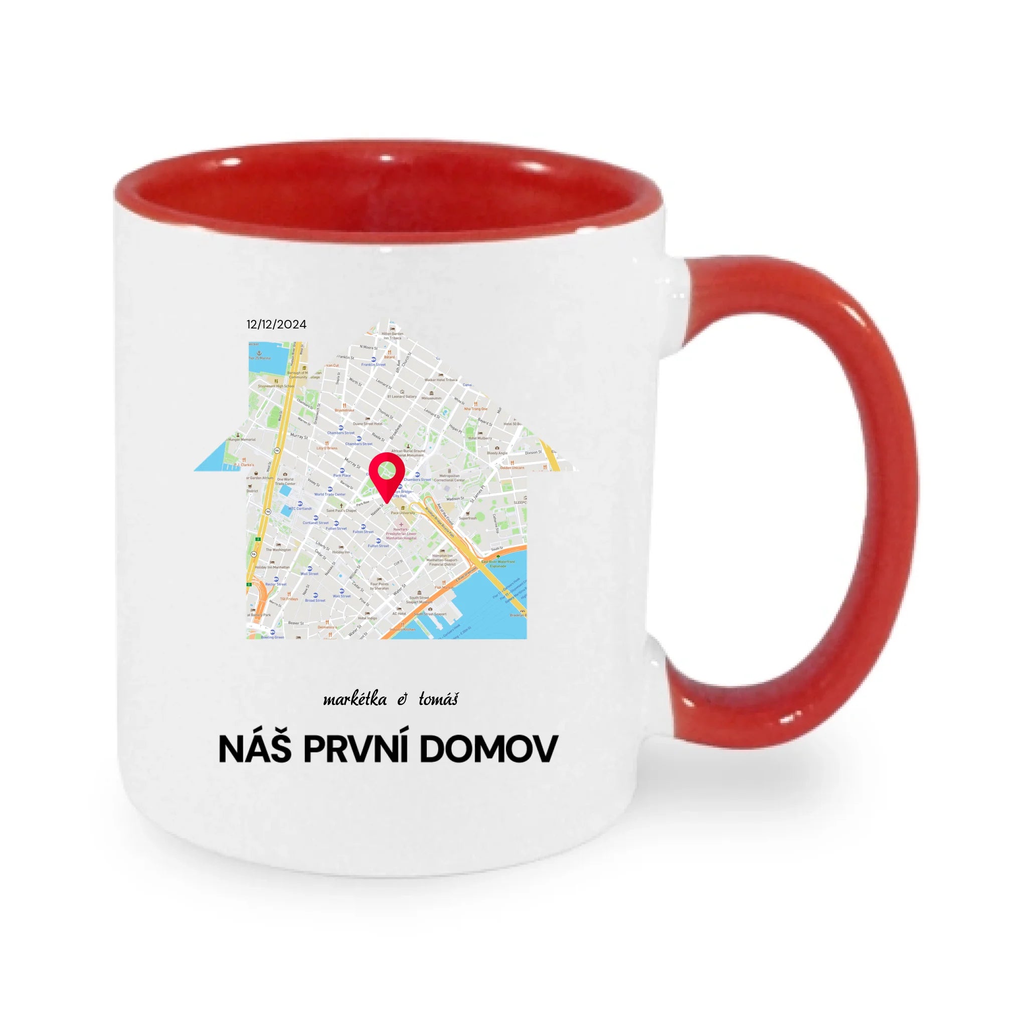 HRNÍČEK MAPA vyberte místo, generujte mapu, doplňte vlastní texty potisk jen dopředu hrníček Bílá červená 330 ml