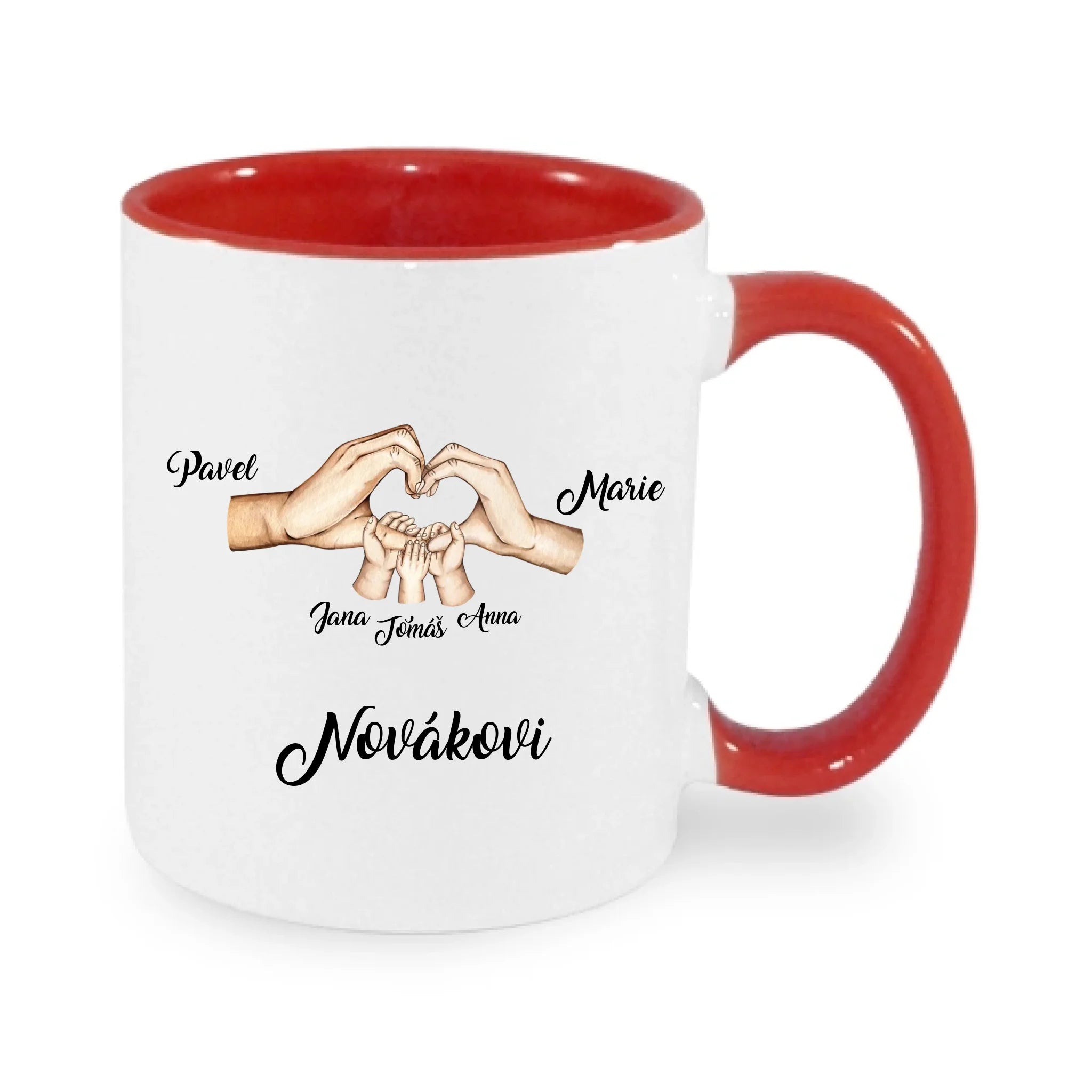 HRNÍČEK s motivem RODINA RUCE (vložíte jména) potisk jen dopředu hrníček Bílá červená 330 ml