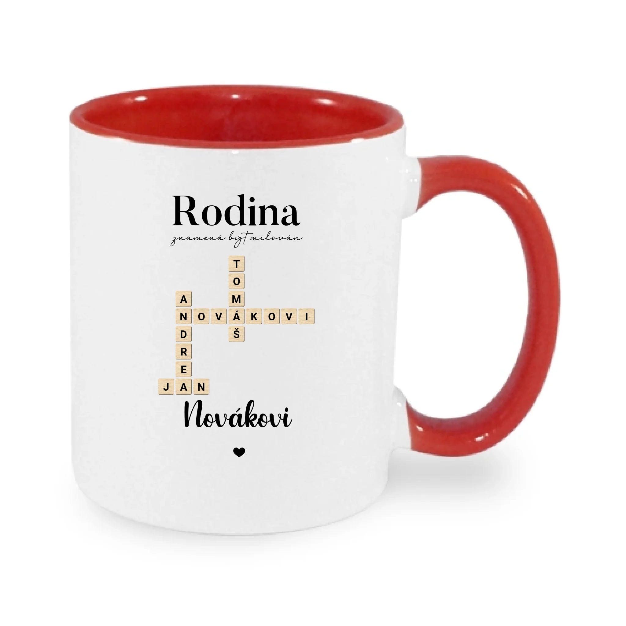 HRNÍČEK s motivem RODINA SCRABLE (vložíte jména, doplníte texty) potisk jen dopředu hrníček Bílá červená 330 ml