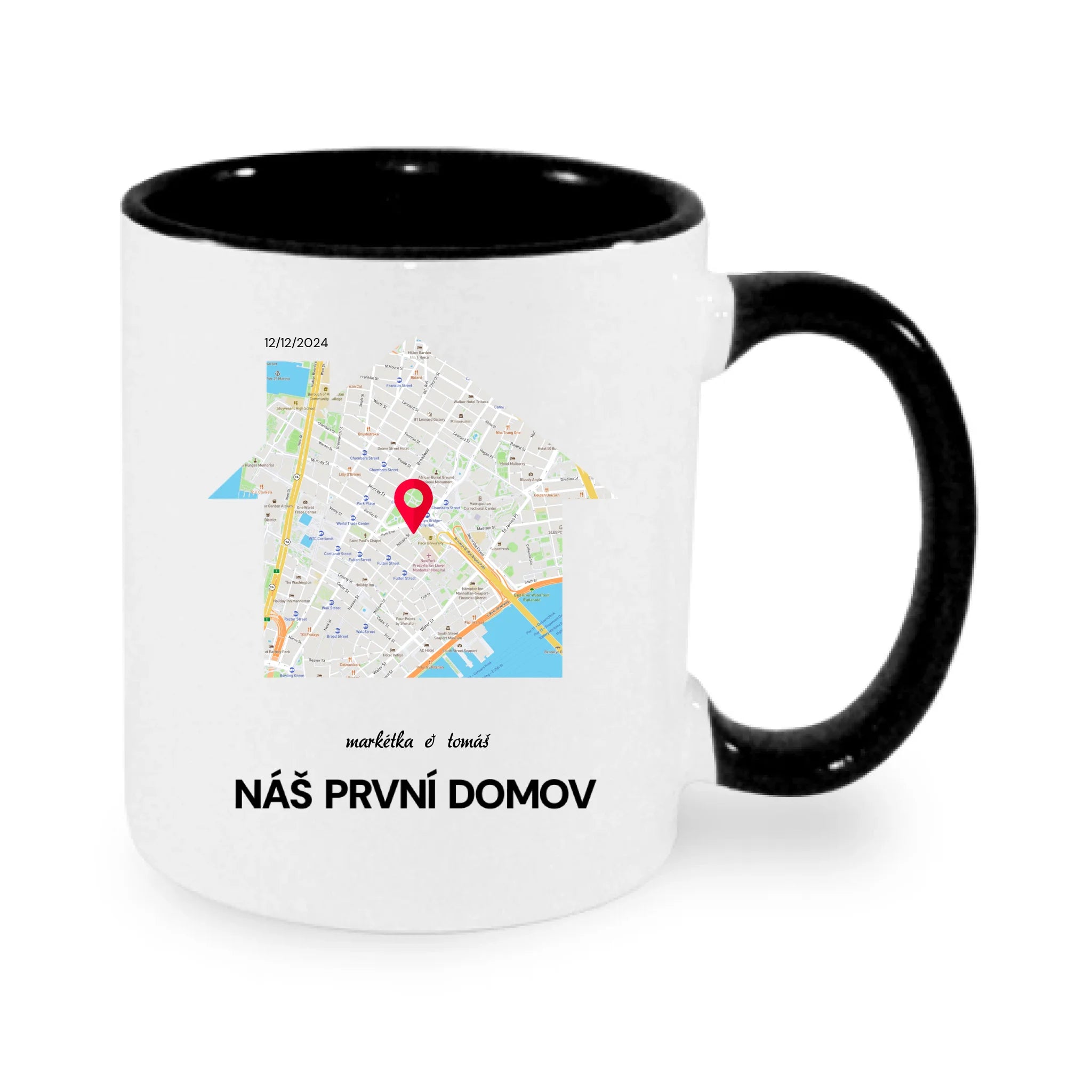 HRNÍČEK MAPA vyberte místo, generujte mapu, doplňte vlastní texty potisk jen dopředu hrníček Bílá černá 330 ml
