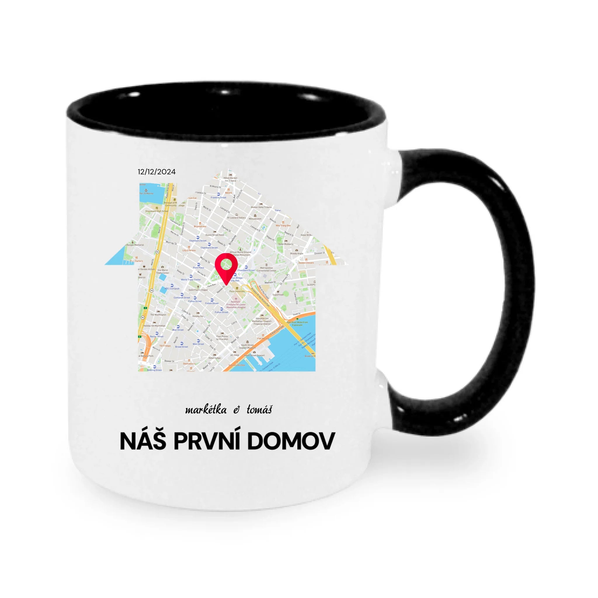 HRNÍČEK s motivem RODINA TADY TO ZAČALO (vyberete tvar mapy, místo, doplníte texty) potisk jen dopředu hrníček Bílá černá 330 ml