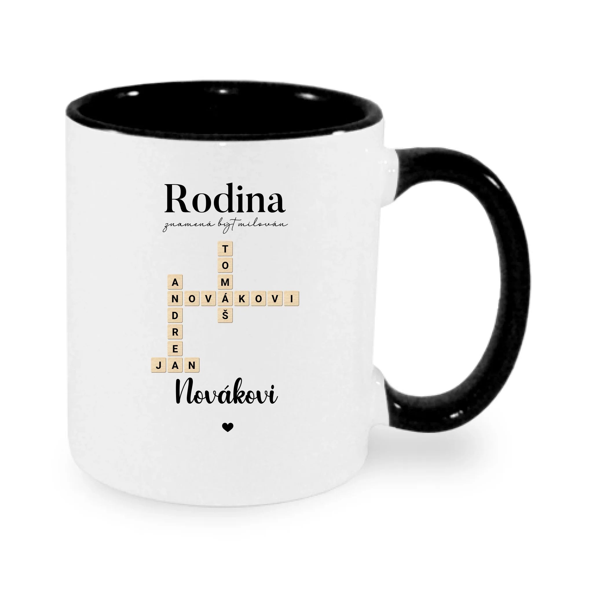 HRNÍČEK s motivem RODINA SCRABLE (vložíte jména, doplníte texty) potisk jen dopředu hrníček Bílá černá 330 ml