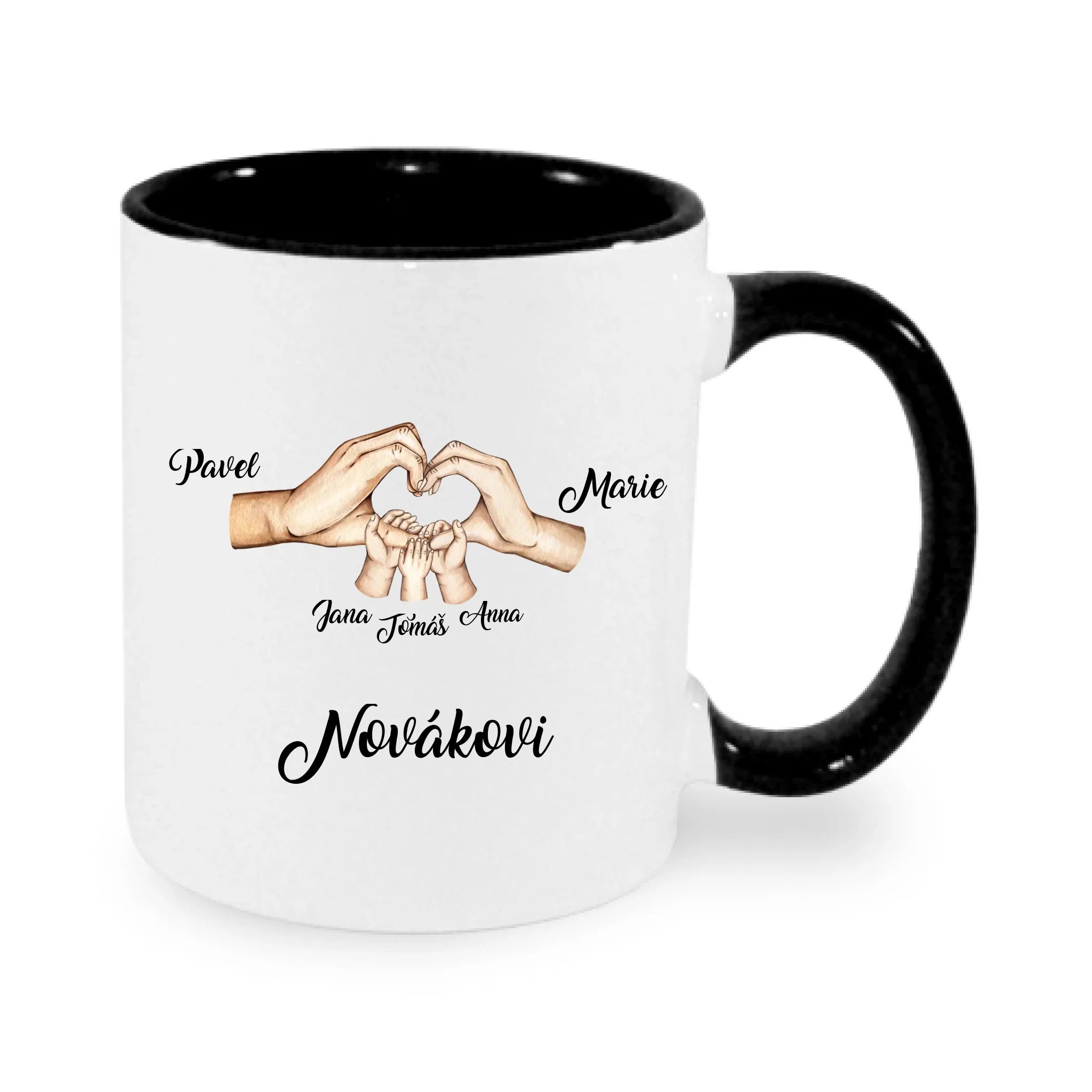 HRNÍČEK s motivem RODINA RUCE (vložíte jména) potisk jen dopředu hrníček Bílá černá 330 ml