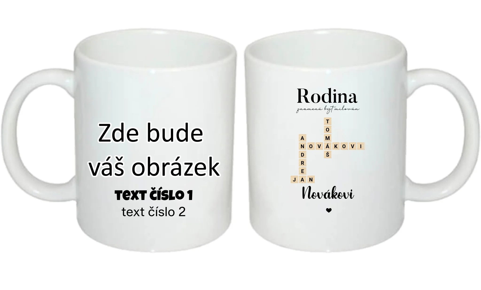 HRNÍČEK s motivem RODINA SCRABLE (vložíte jména, doplníte texty) oboustranný potisk hrníček Bílý 330 ml