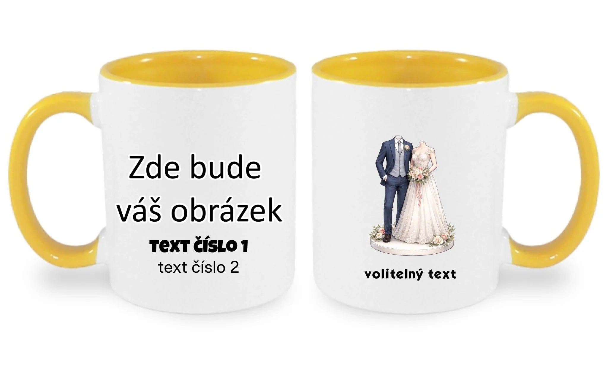 NOVOMANŽELÉ (ZATÍM) BEZ HLAVY - VLOŽTE FOTO, AUTOMATICKÝ OŘEZ hrníček oboustranný potisk hrníček Bílá žlutá 330 ml