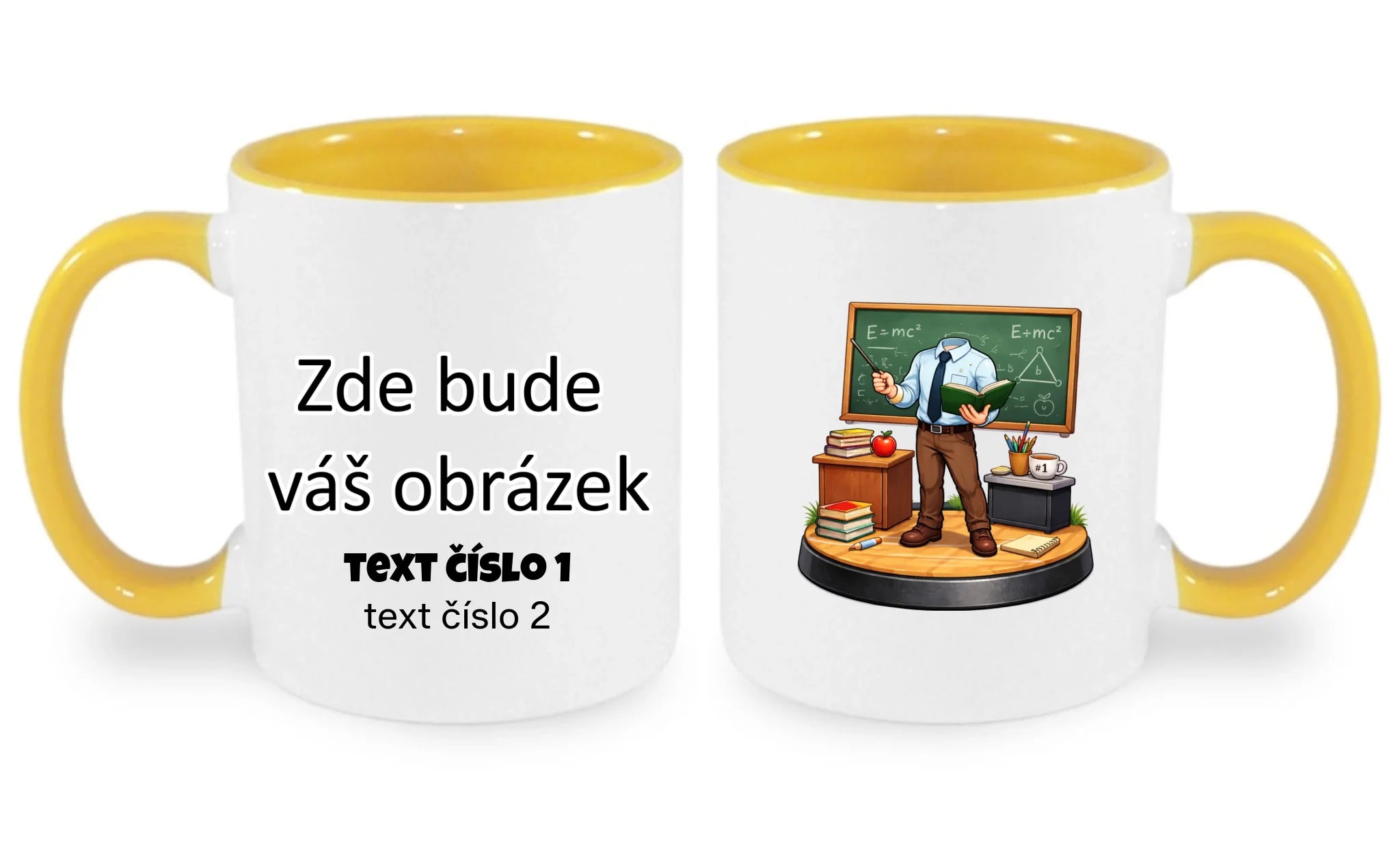UČITEL/KA (ZATÍM) BEZ HLAVY - VLOŽTE FOTO, AUTOMATICKÝ OŘEZ hrníček oboustranný potisk hrníček Bílá žlutá 330 ml