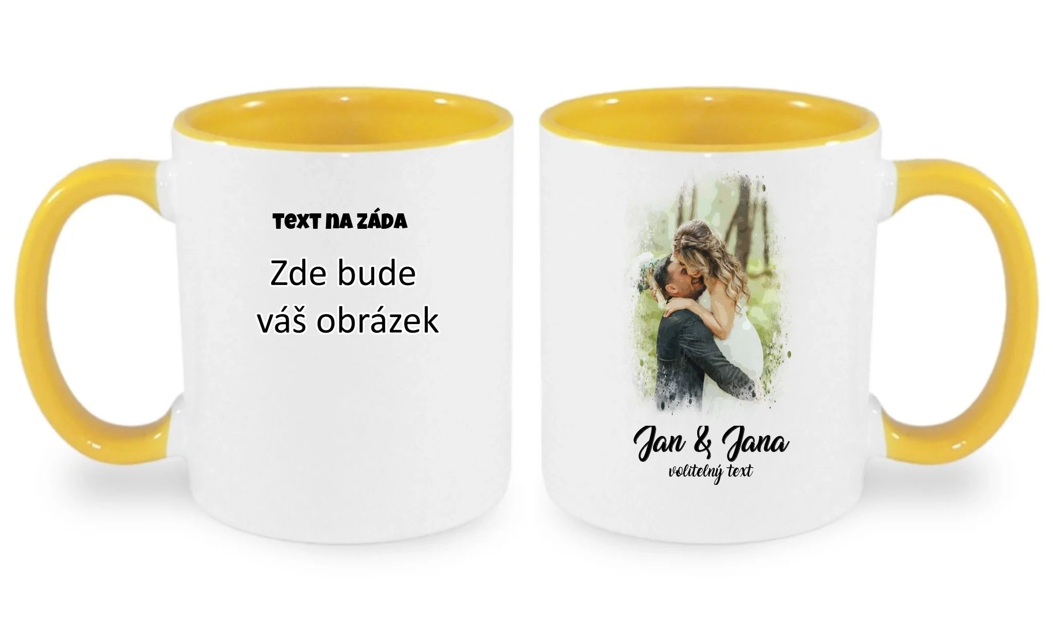 SVATEBNÍ FOTO - VLOŽTE FOTO A DOPLŇTE TEXTY hrníček oboustranný potisk hrníček Bílá žlutá 330 ml