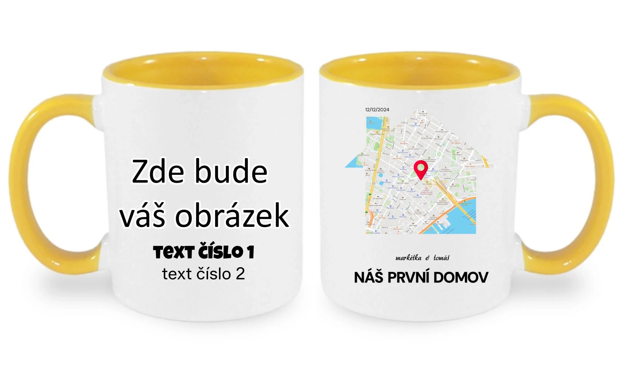 HRNÍČEK s motivem RODINA TADY TO ZAČALO (vyberete tvar mapy, místo, doplníte texty) oboustranný potisk hrníček Bílá žlutá 330 ml
