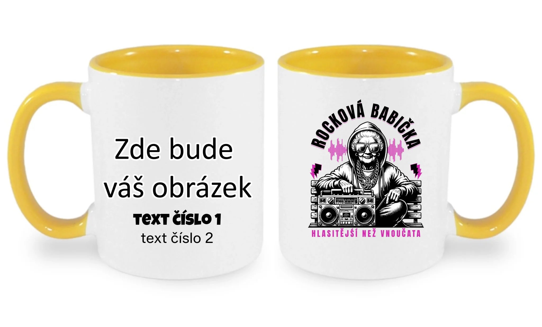 HRNÍČEK s motivem ROCKOVÁ BABIČKA oboustranný potisk hrníček Bílá žlutá 330 ml