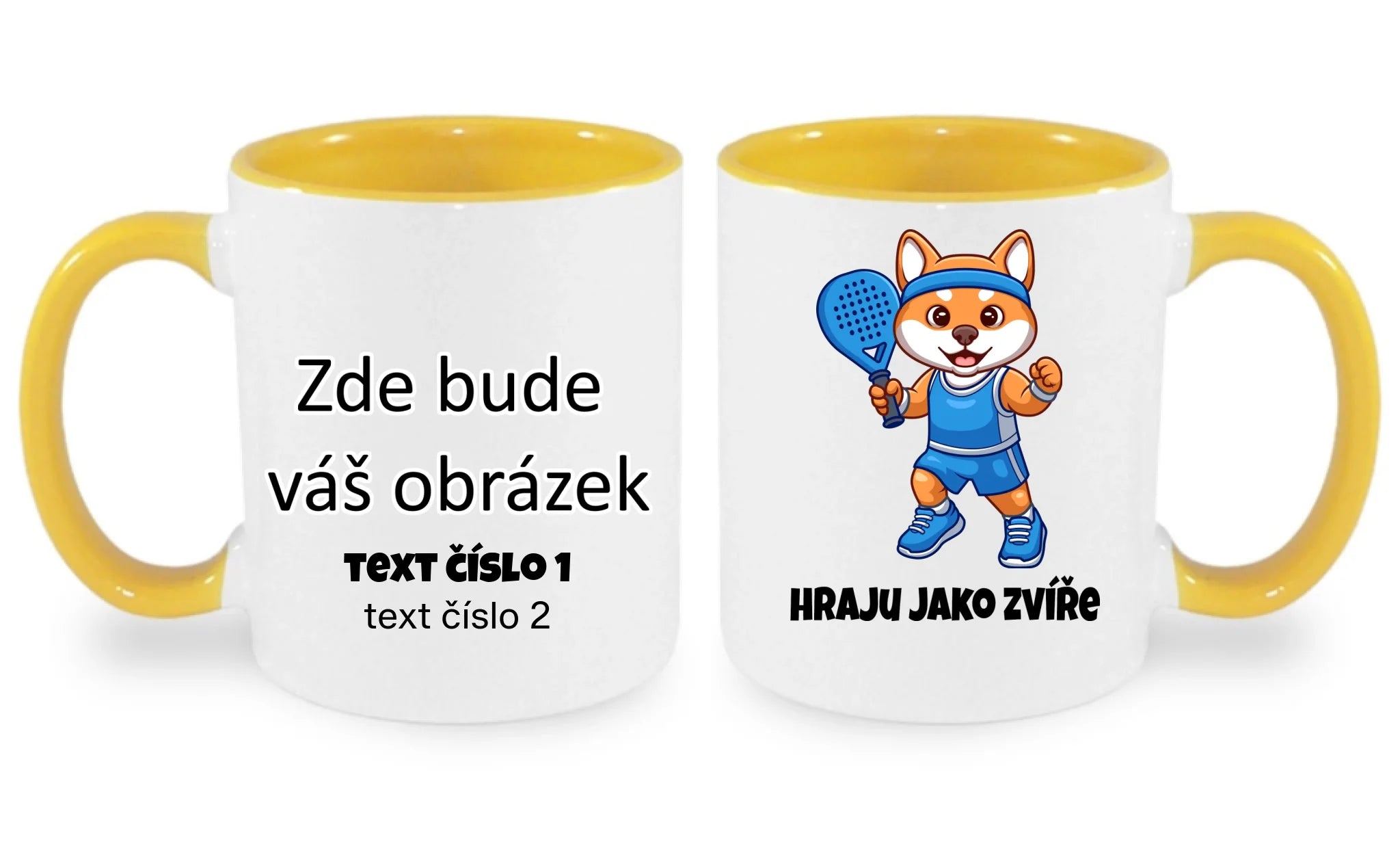 HRNÍČEK s motivem PADEL HRAJU JAKO ZVÍŘE (výběr ze 3 potisků) oboustranný potisk hrníček Bílá žlutá 330 ml