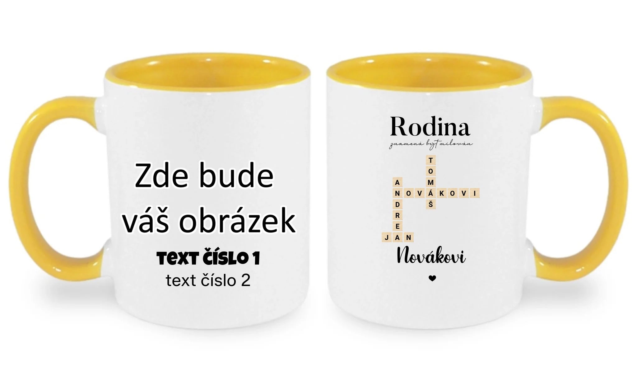 HRNÍČEK s motivem RODINA SCRABLE (vložíte jména, doplníte texty) oboustranný potisk hrníček Bílá žlutá 330 ml