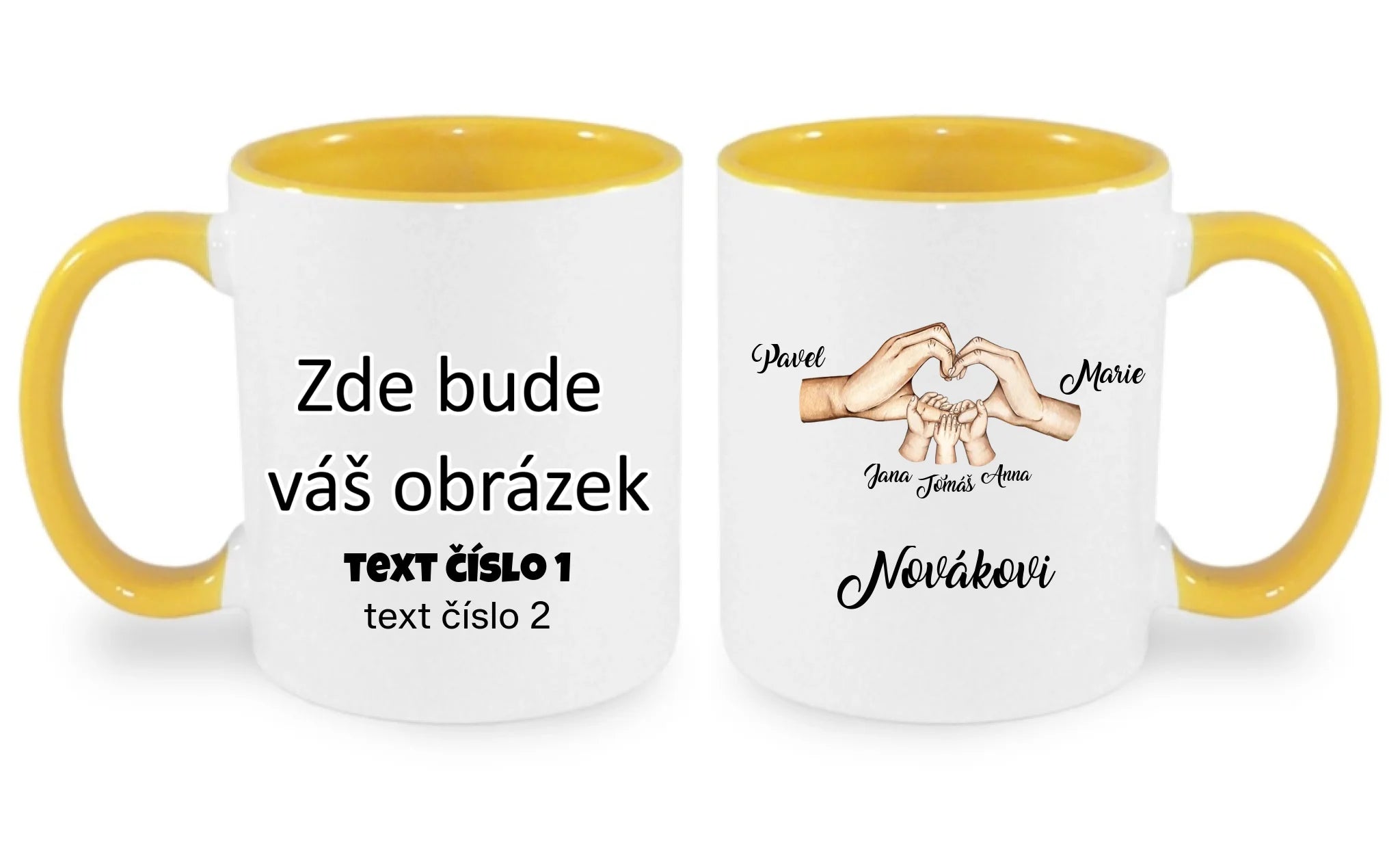 HRNÍČEK s motivem RODINA RUCE (vložíte jména) oboustranný potisk hrníček Bílá žlutá 330 ml