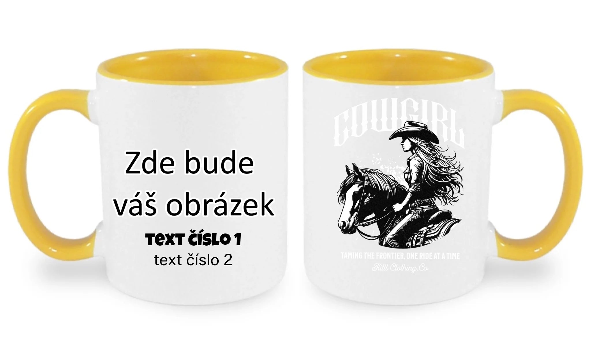COWGIRL (výběr z 5 motivů) hrníček oboustranný potisk hrníček Bílá žlutá 330 ml