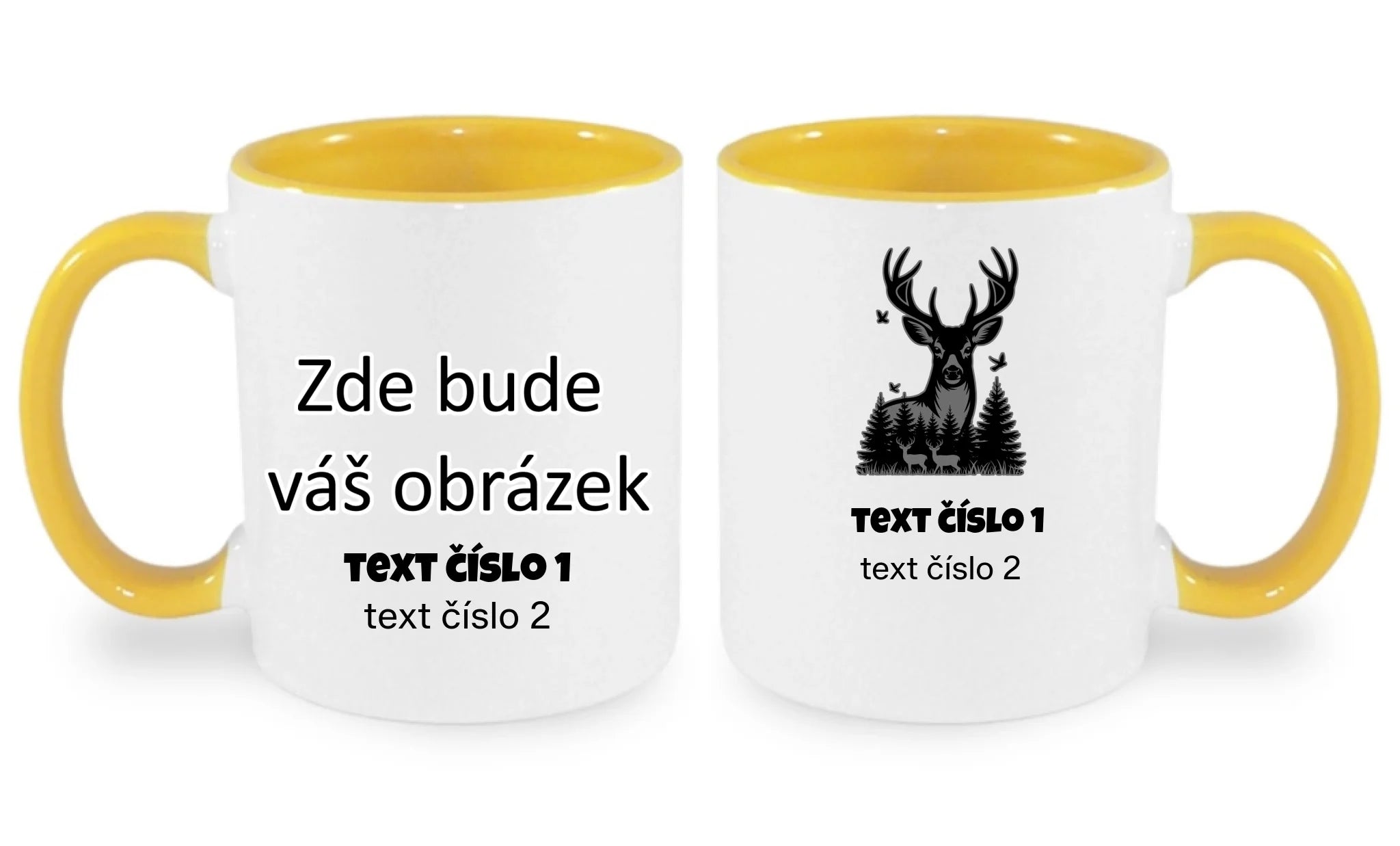 myslivost VÝBĚR OBRÁZKU (10+motivů) a MOŽNOST DOPLNIT VLASTNÍ TEXTY hrníček oboustranný potisk hrníček Bílá žlutá 330 ml