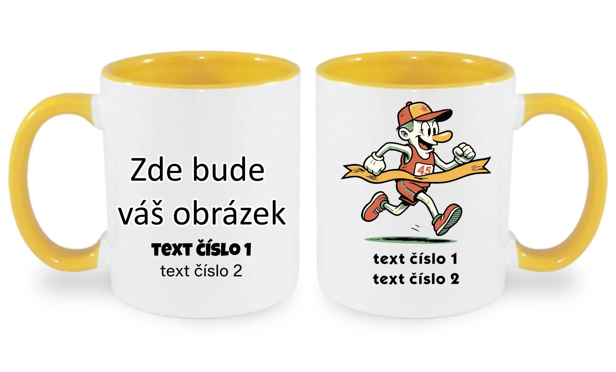 HRNÍČEK s motivem BĚH, KOLO, PLAVÁNÍ (výběr z 25+ obrázků, možnost doplnit vlastní texty) oboustranný potisk hrníček Bílá žlutá 330 ml
