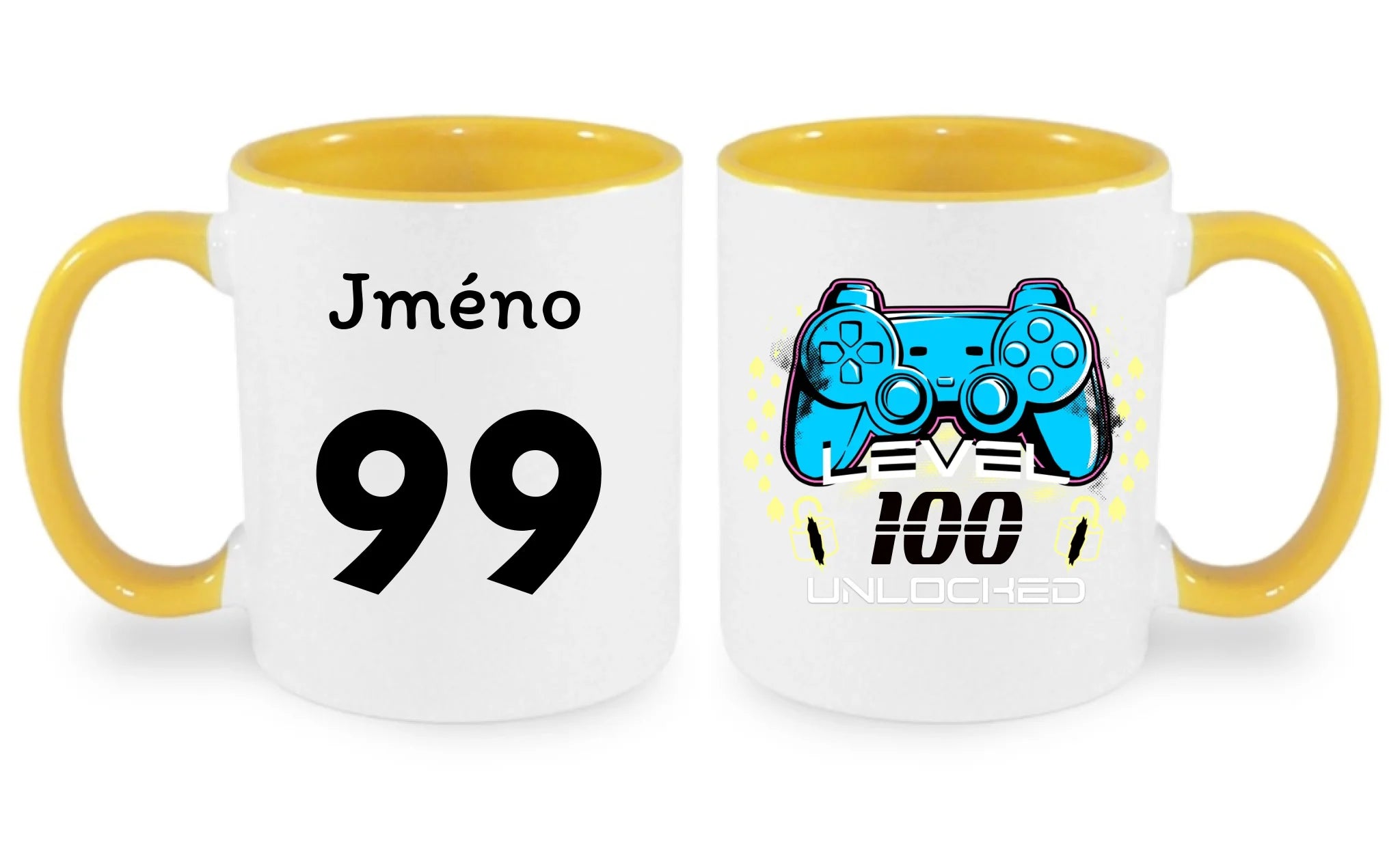 narozeniny LEVEL UNLOCKED hrníček oboustranný potisk hrníček Bílá žlutá 330 ml