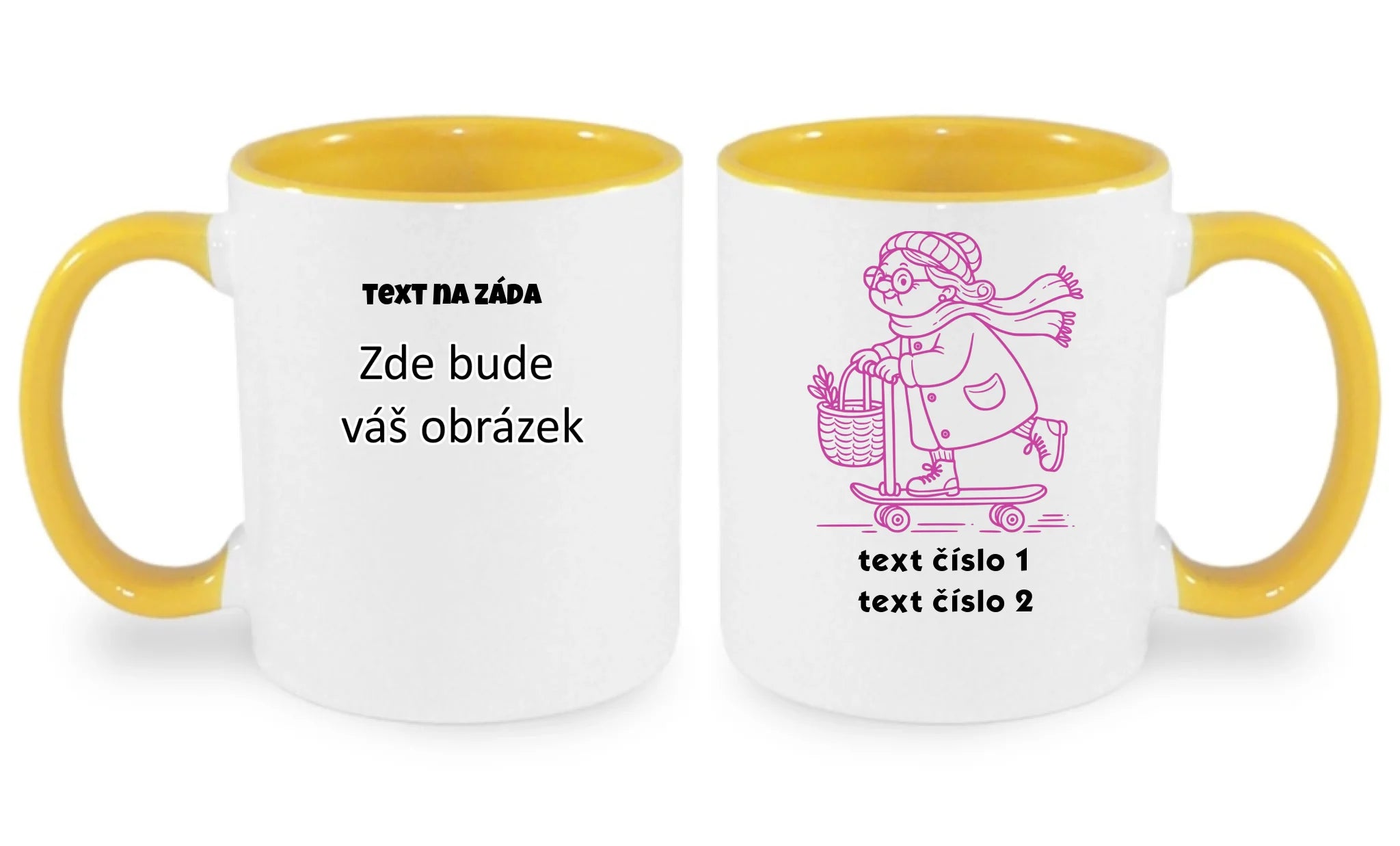AKČNÍ BABIČKA VÝBĚR OBRÁZKU (10+motivů) a MOŽNOST DOPLNIT VLASTNÍ TEXTY hrníček oboustranný potisk hrníček Bílá žlutá 330 ml