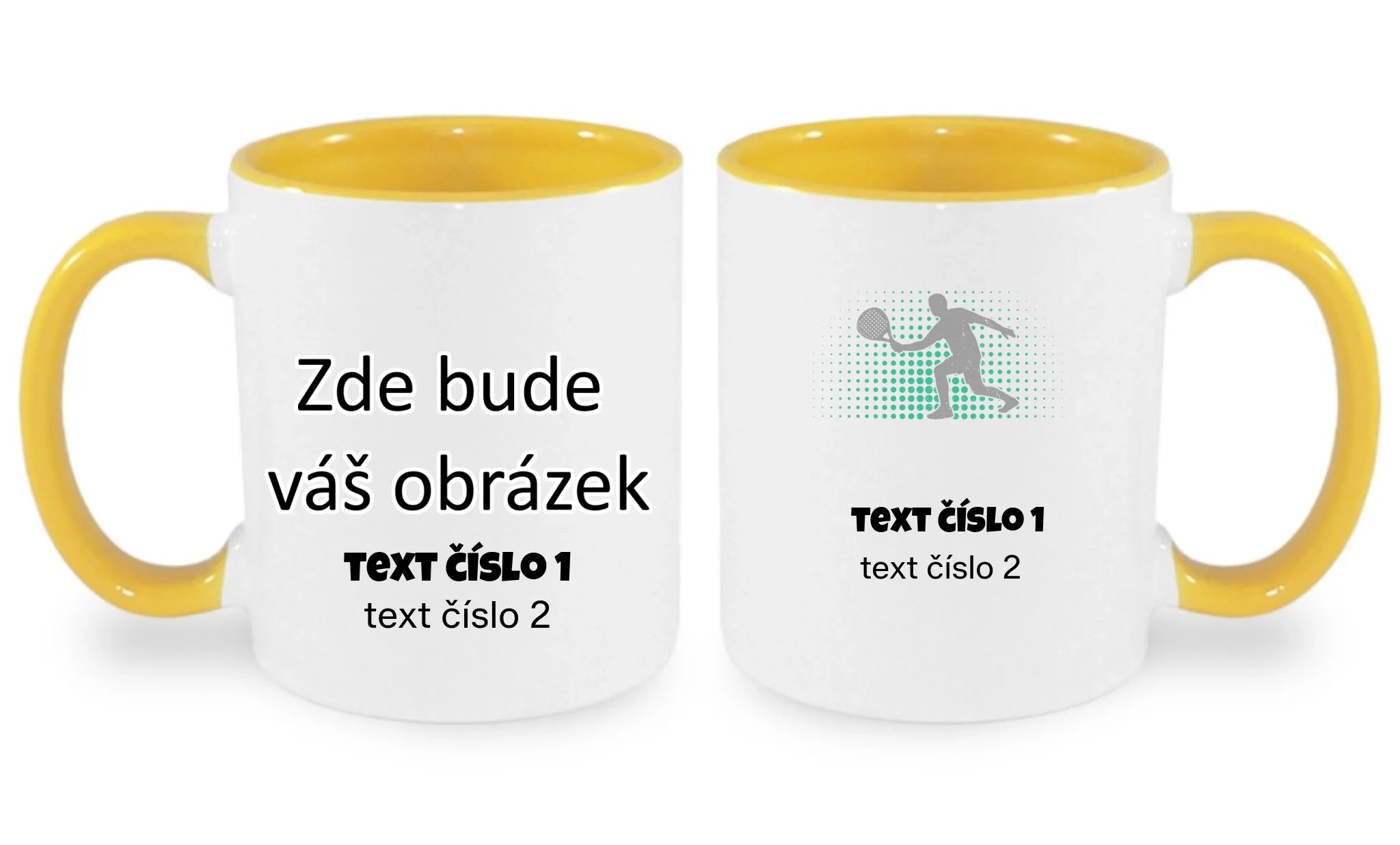 PADEL VÝBĚR OBRÁZKU (10+motivů) a MOŽNOST DOPLNIT VLASTNÍ TEXTY hrníček oboustranný potisk hrníček Bílá žlutá 330 ml