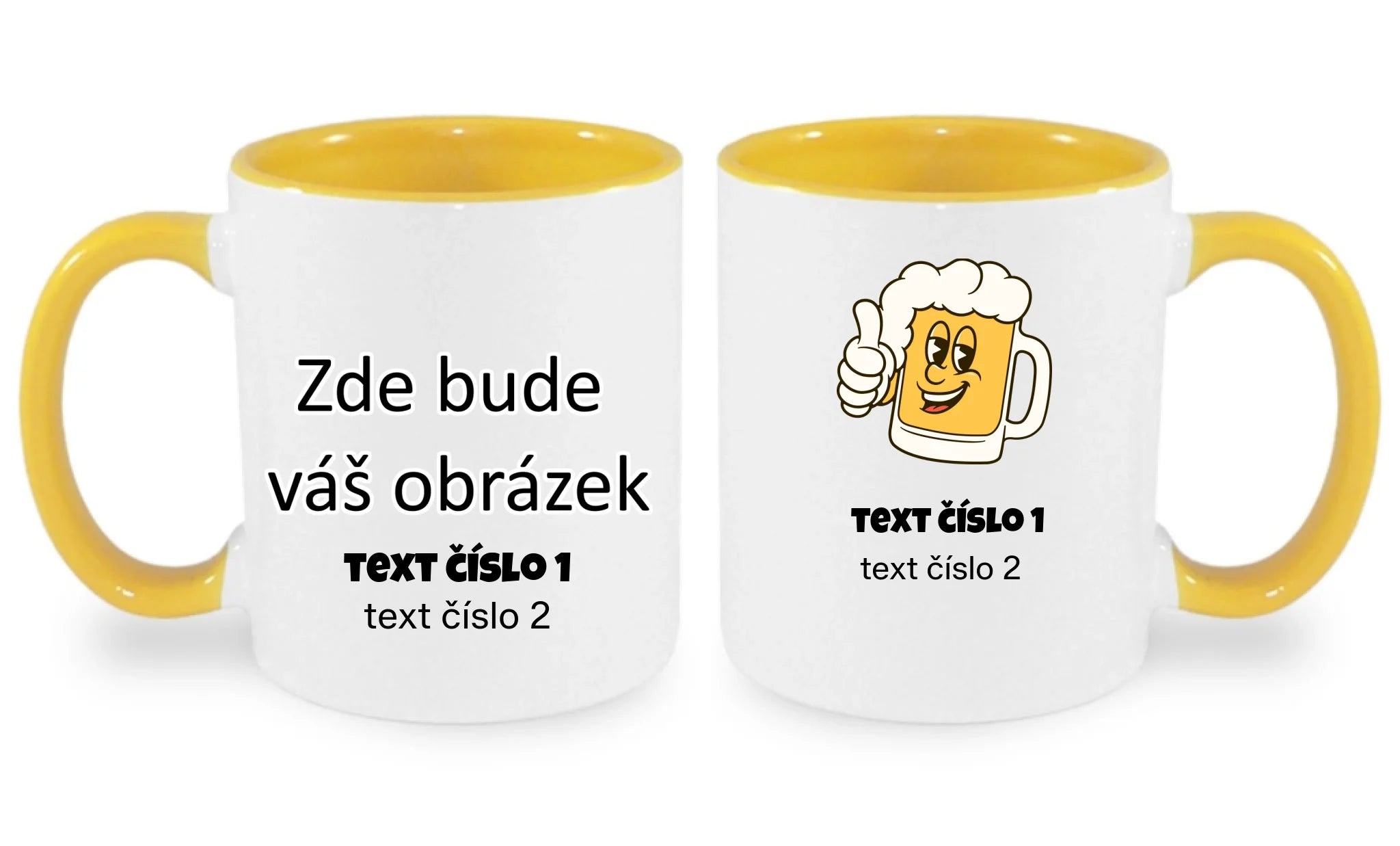 PIVO VÝBĚR OBRÁZKU (10+motivů) a MOŽNOST DOPLNIT VLASTNÍ TEXTY hrníček oboustranný potisk hrníček Bílá žlutá 330 ml
