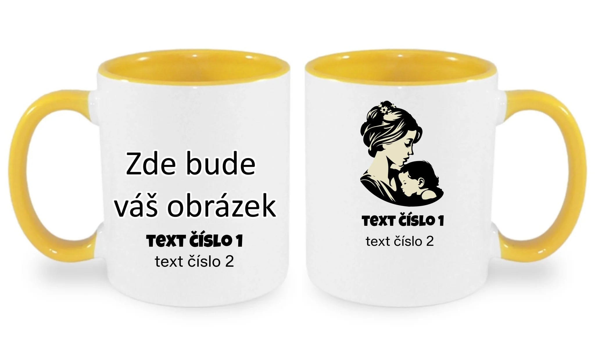 NEJ MÁMA VÝBĚR OBRÁZKU (10+motivů) a MOŽNOST DOPLNIT VLASTNÍ TEXTY hrníček oboustranný potisk hrníček Bílá žlutá 330 ml