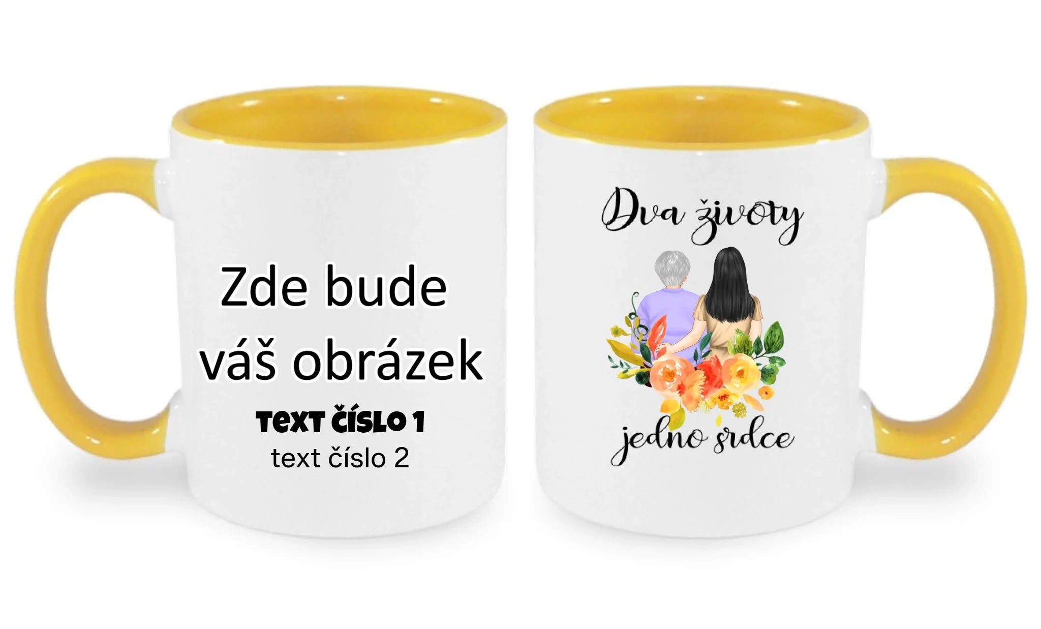 HRNÍČEK s motivem MÁMA A DCERA (vyberete nebo vložíte text) oboustranný potisk hrníček Bílá žlutá 330 ml