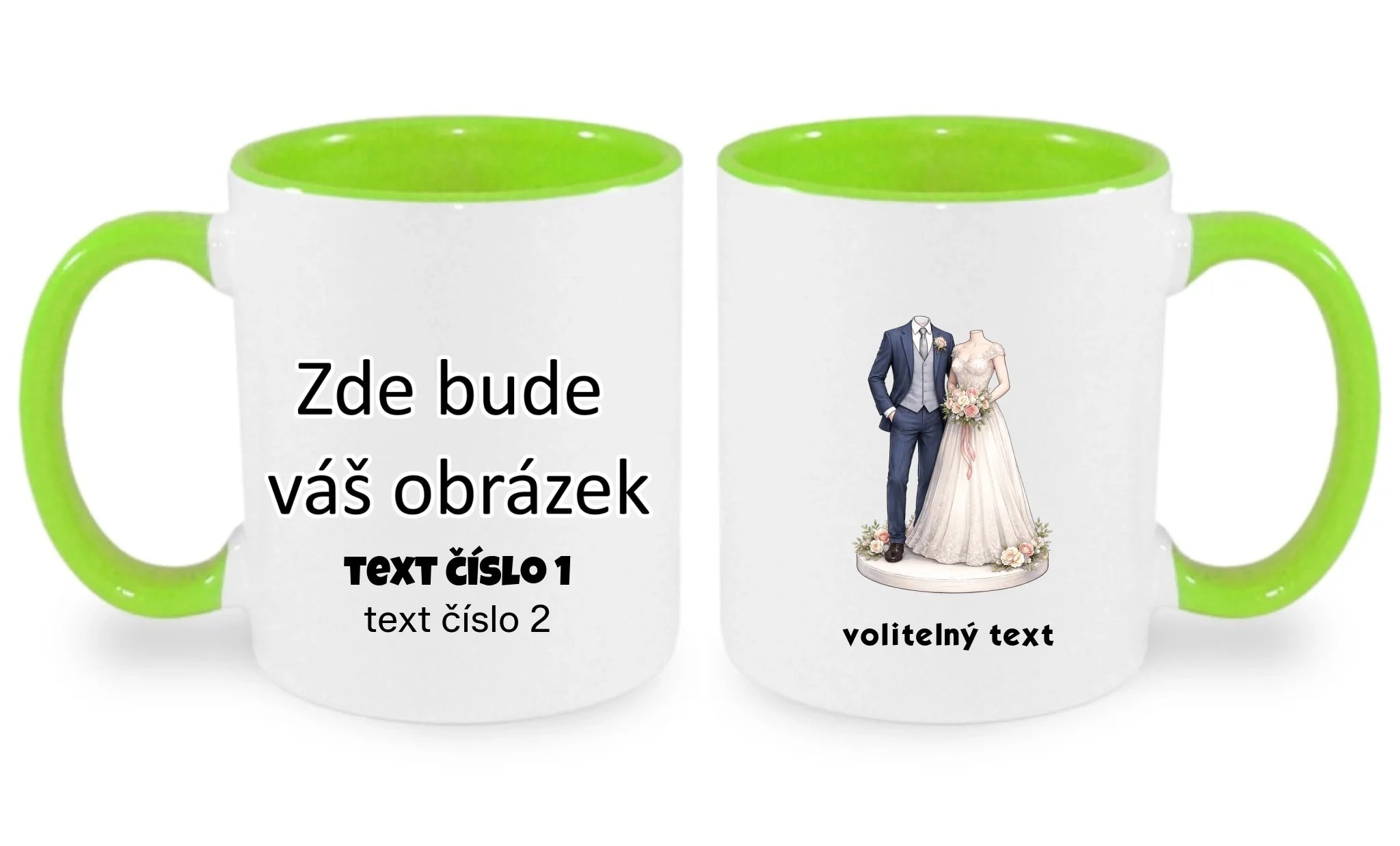 NOVOMANŽELÉ (ZATÍM) BEZ HLAVY - VLOŽTE FOTO, AUTOMATICKÝ OŘEZ hrníček oboustranný potisk hrníček Bílá zelená 330 ml