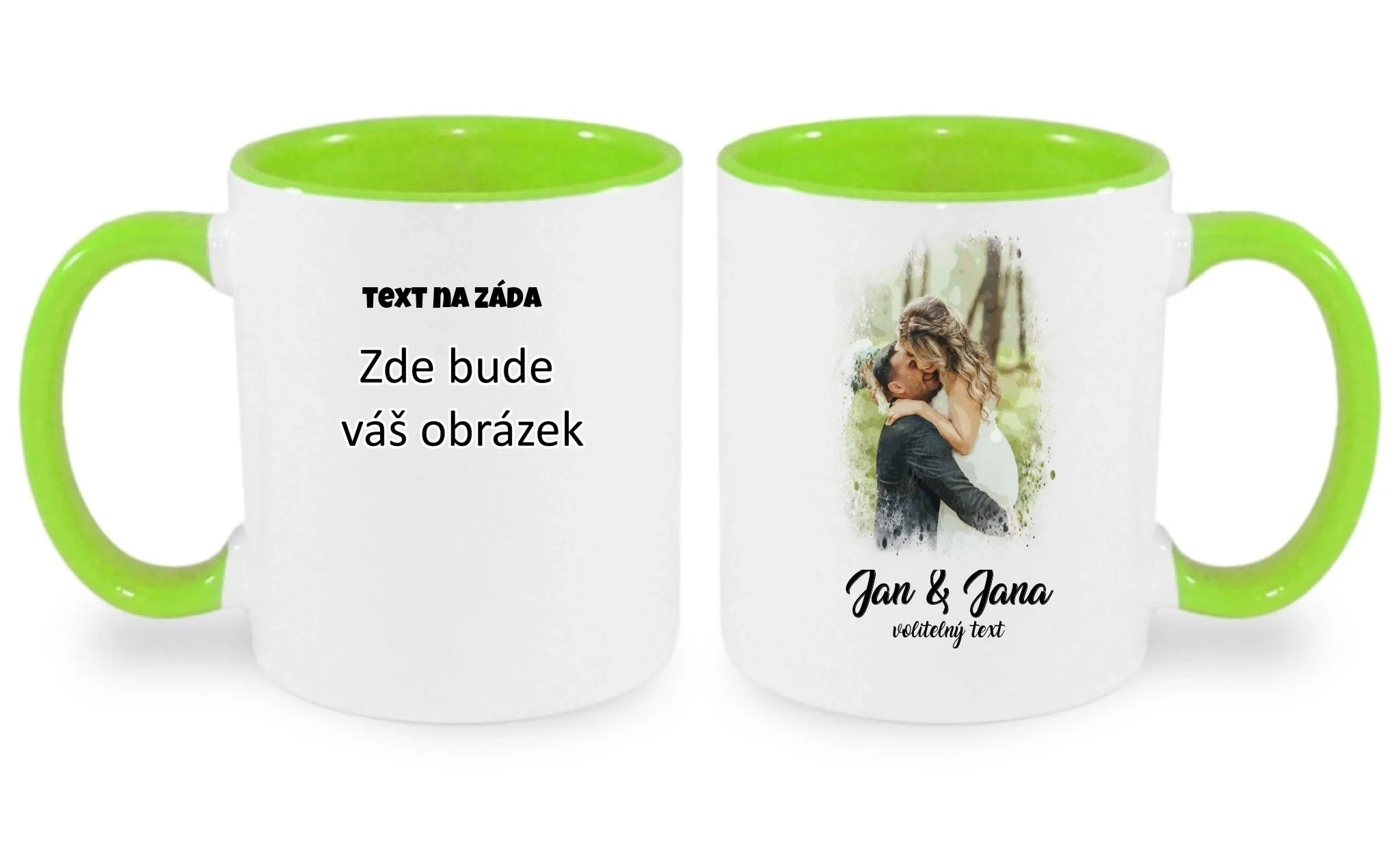 SVATEBNÍ FOTO - VLOŽTE FOTO A DOPLŇTE TEXTY hrníček oboustranný potisk hrníček Bílá zelená 330 ml