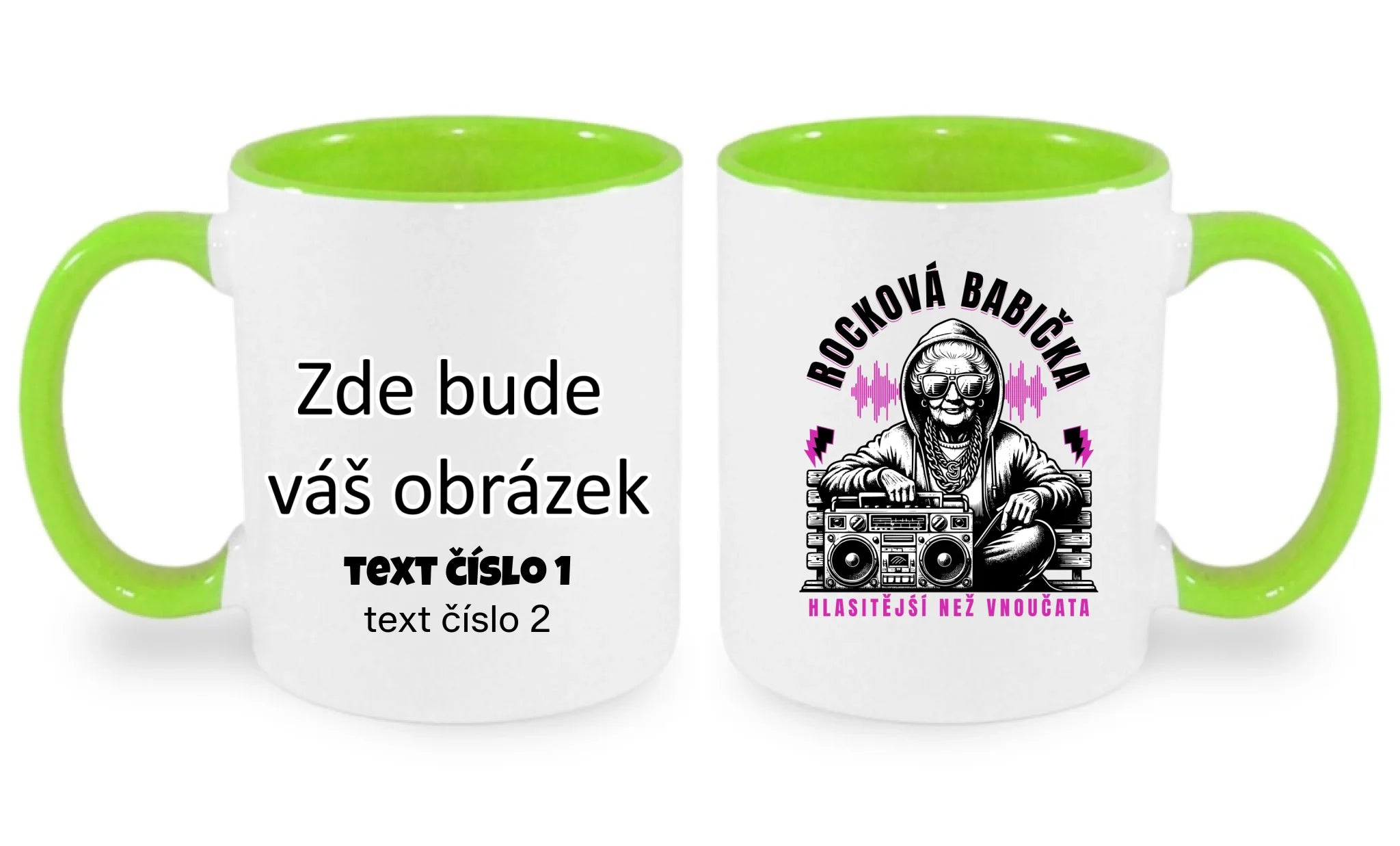 HRNÍČEK s motivem ROCKOVÁ BABIČKA oboustranný potisk hrníček Bílá zelená 330 ml