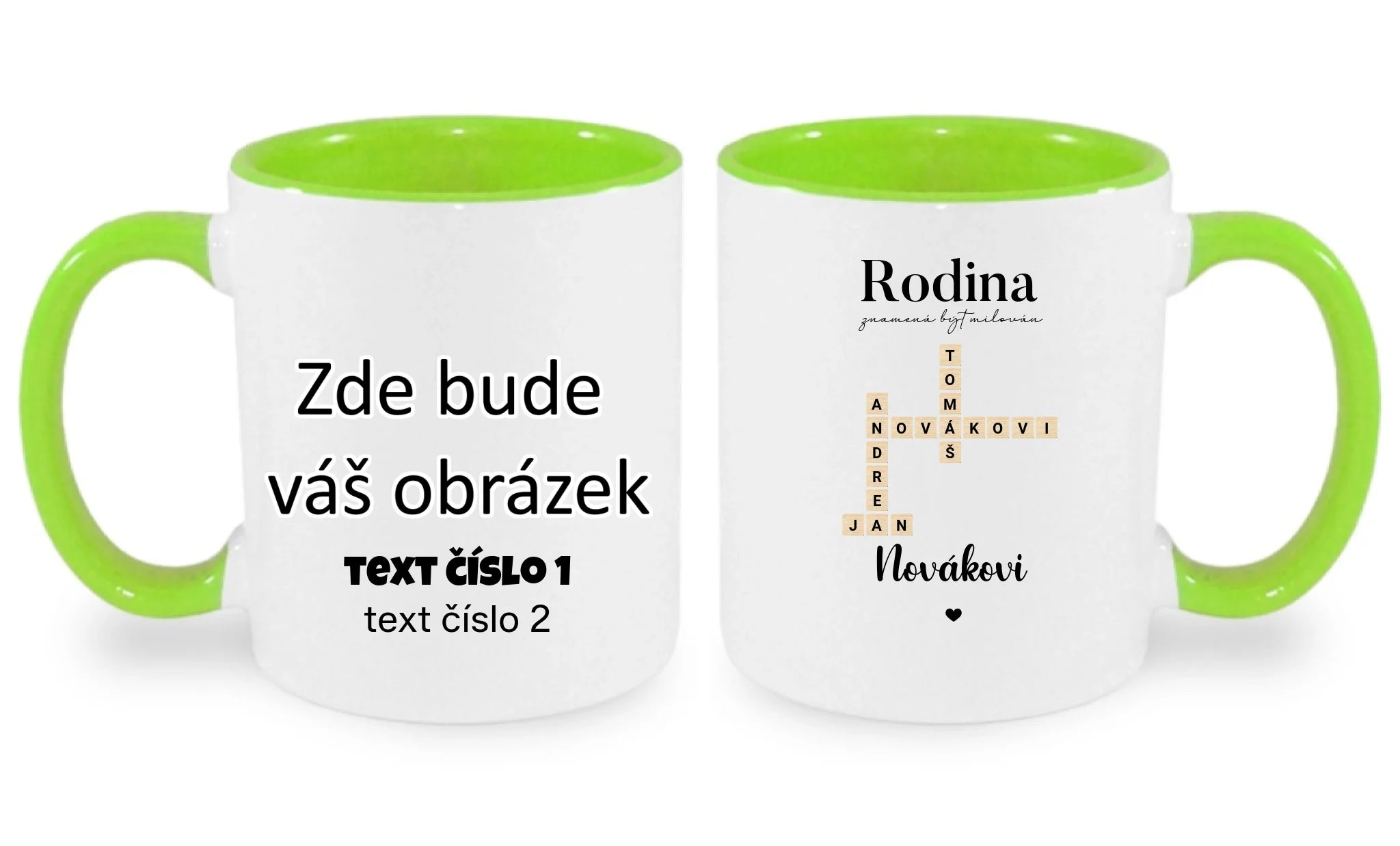 HRNÍČEK s motivem RODINA SCRABLE (vložíte jména, doplníte texty) oboustranný potisk hrníček Bílá zelená 330 ml