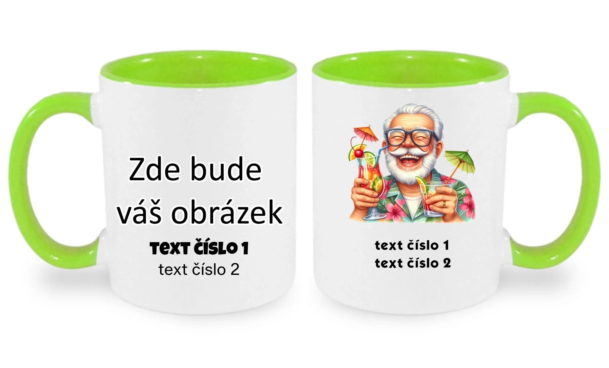 HRNÍČEK s motivem DĚDEČEK (výběr z 10+ obrázků, možnost doplnit vlastní texty) oboustranný potisk hrníček Bílá zelená 330 ml