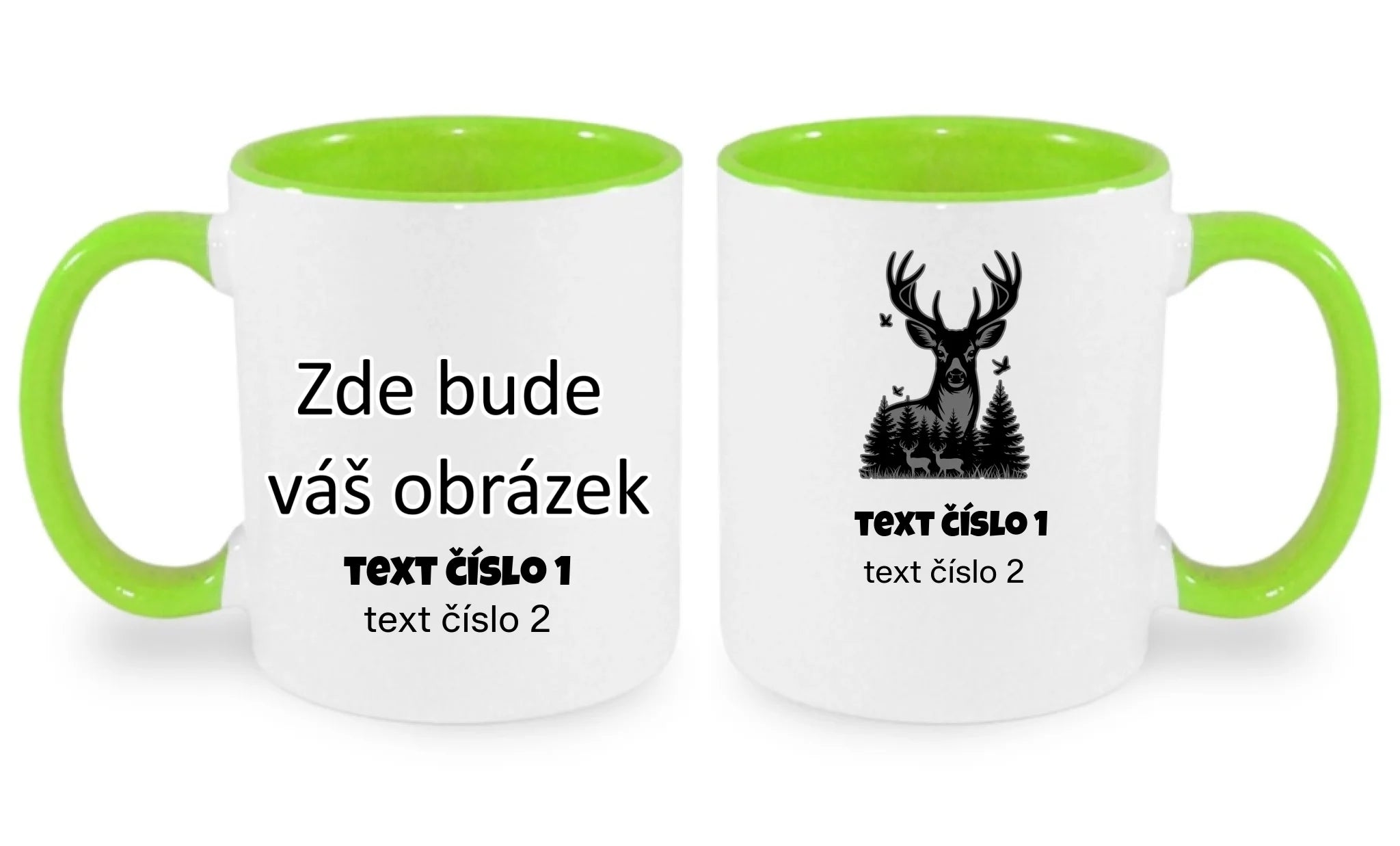 myslivost VÝBĚR OBRÁZKU (10+motivů) a MOŽNOST DOPLNIT VLASTNÍ TEXTY hrníček oboustranný potisk hrníček Bílá zelená 330 ml