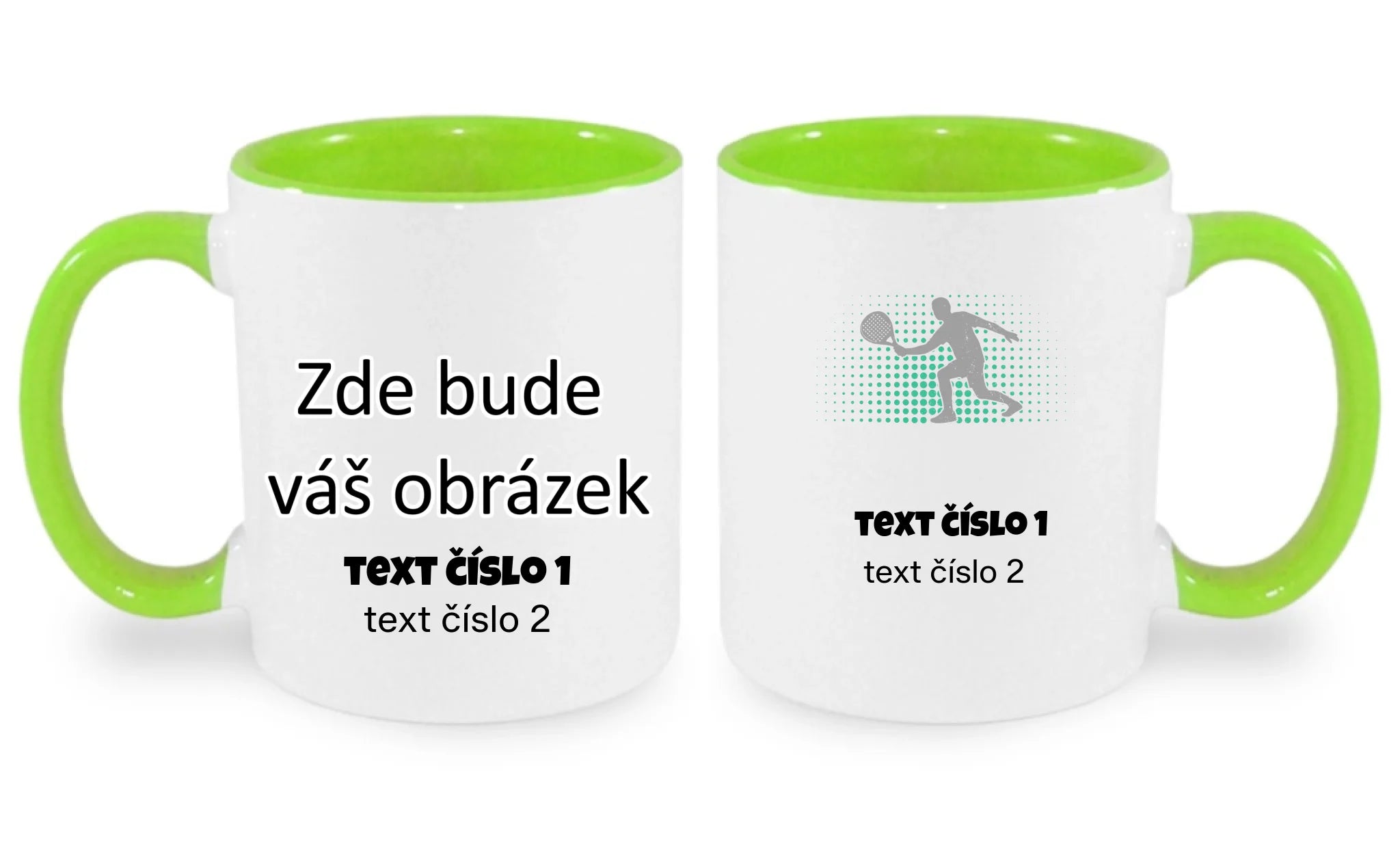 HRNÍČEK s motivem PADEL (výběr z 10+ obrázků, možnost doplnit vlastní texty) oboustranný potisk hrníček Bílá zelená 330 ml