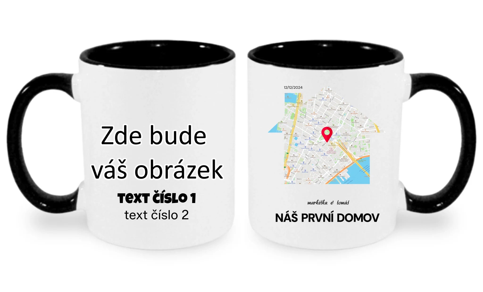 HRNÍČEK s motivem RODINA TADY TO ZAČALO (vyberete tvar mapy, místo, doplníte texty) oboustranný potisk hrníček Bílá černá 330 ml