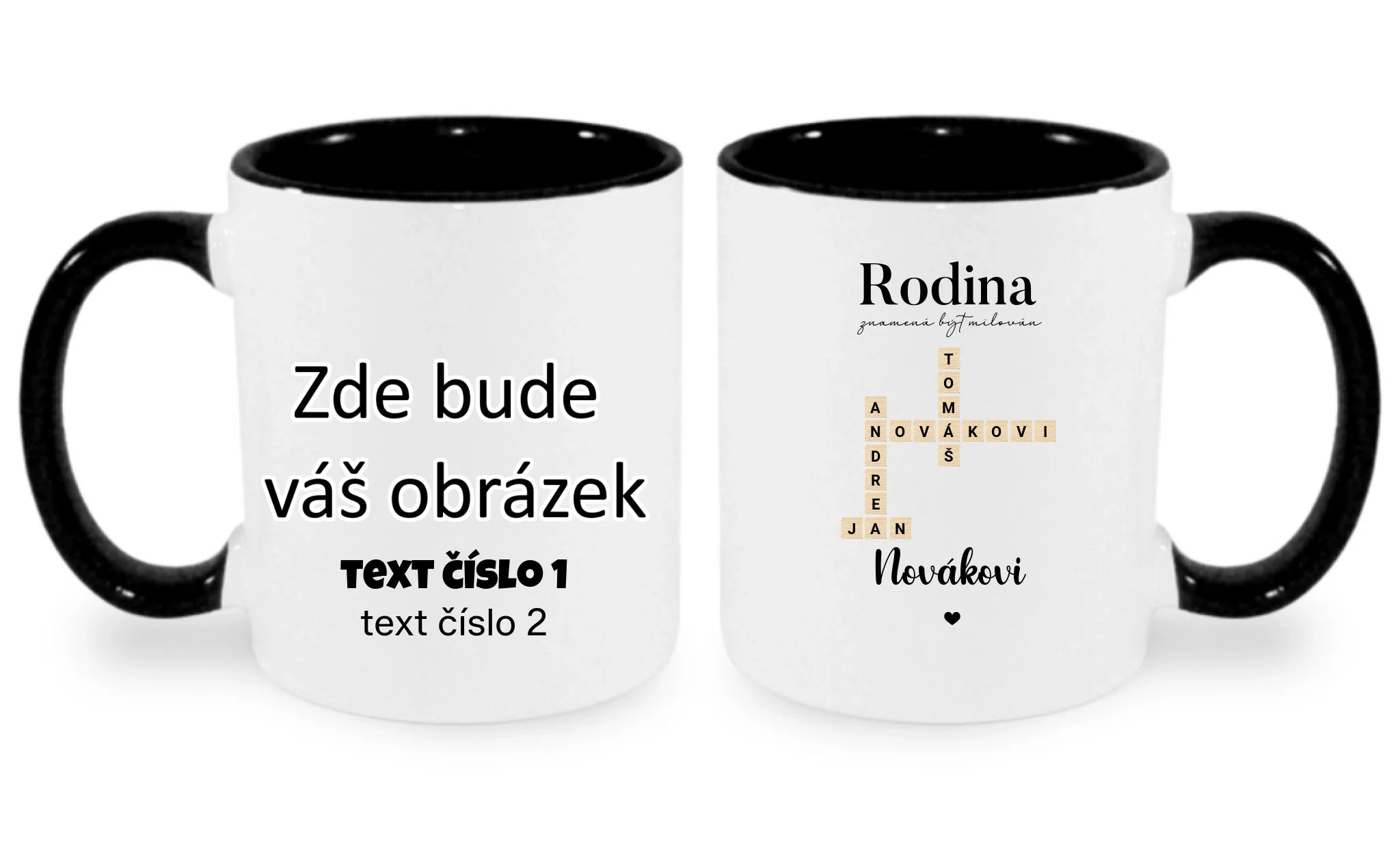 HRNÍČEK s motivem RODINA SCRABLE (vložíte jména, doplníte texty) oboustranný potisk hrníček Bílá černá 330 ml