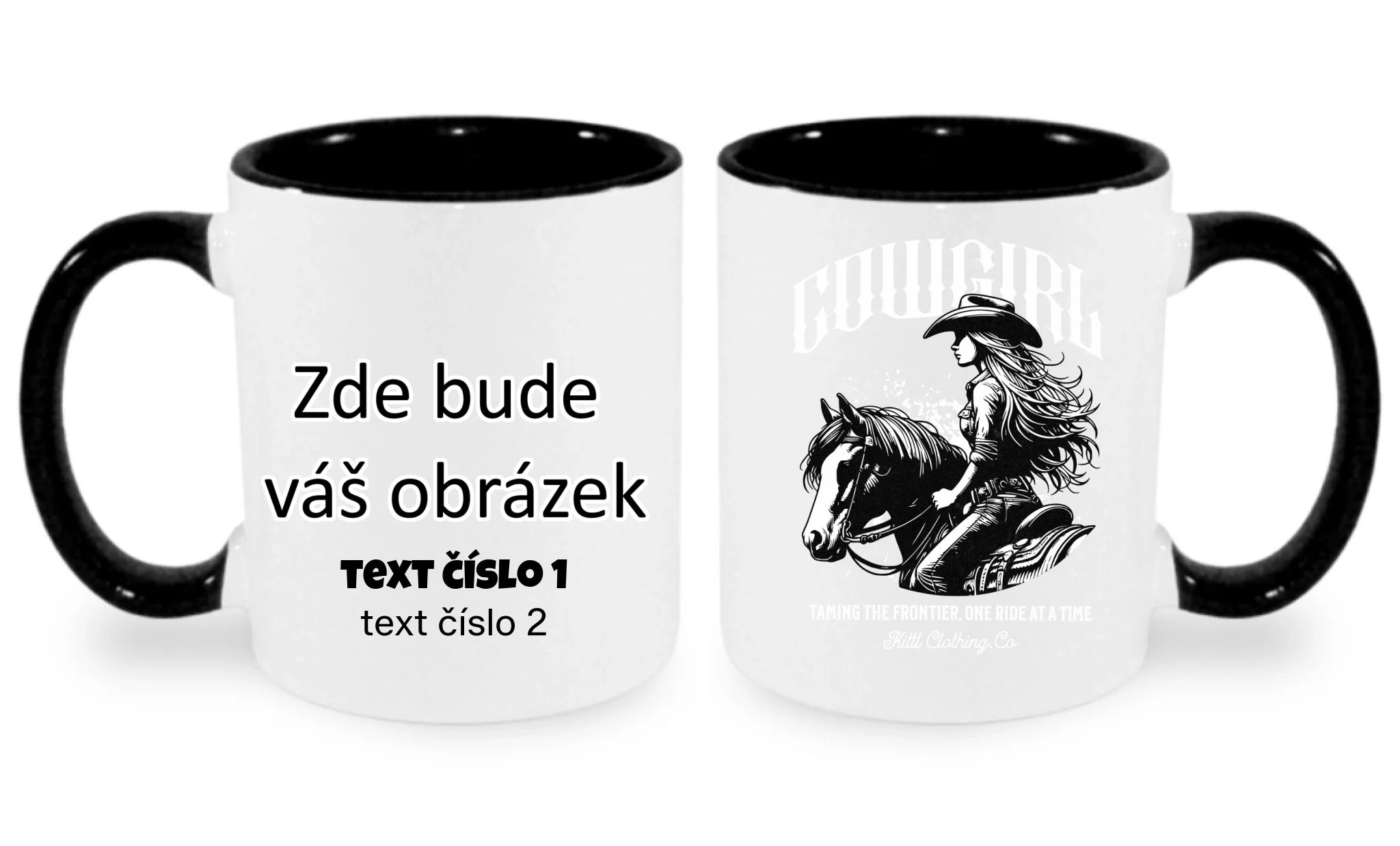 HRNÍČEK s motivem COWGIRL (5+ motivů) oboustranný potisk hrníček Bílá černá 330 ml