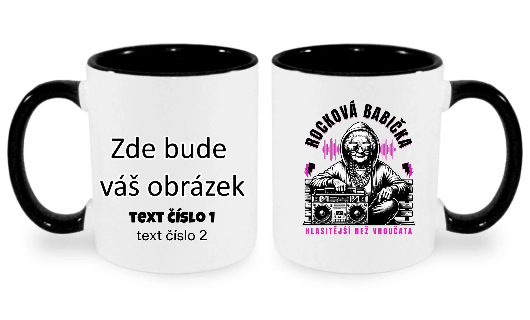 HRNÍČEK s motivem ROCKOVÁ BABIČKA oboustranný potisk hrníček Bílá černá 330 ml