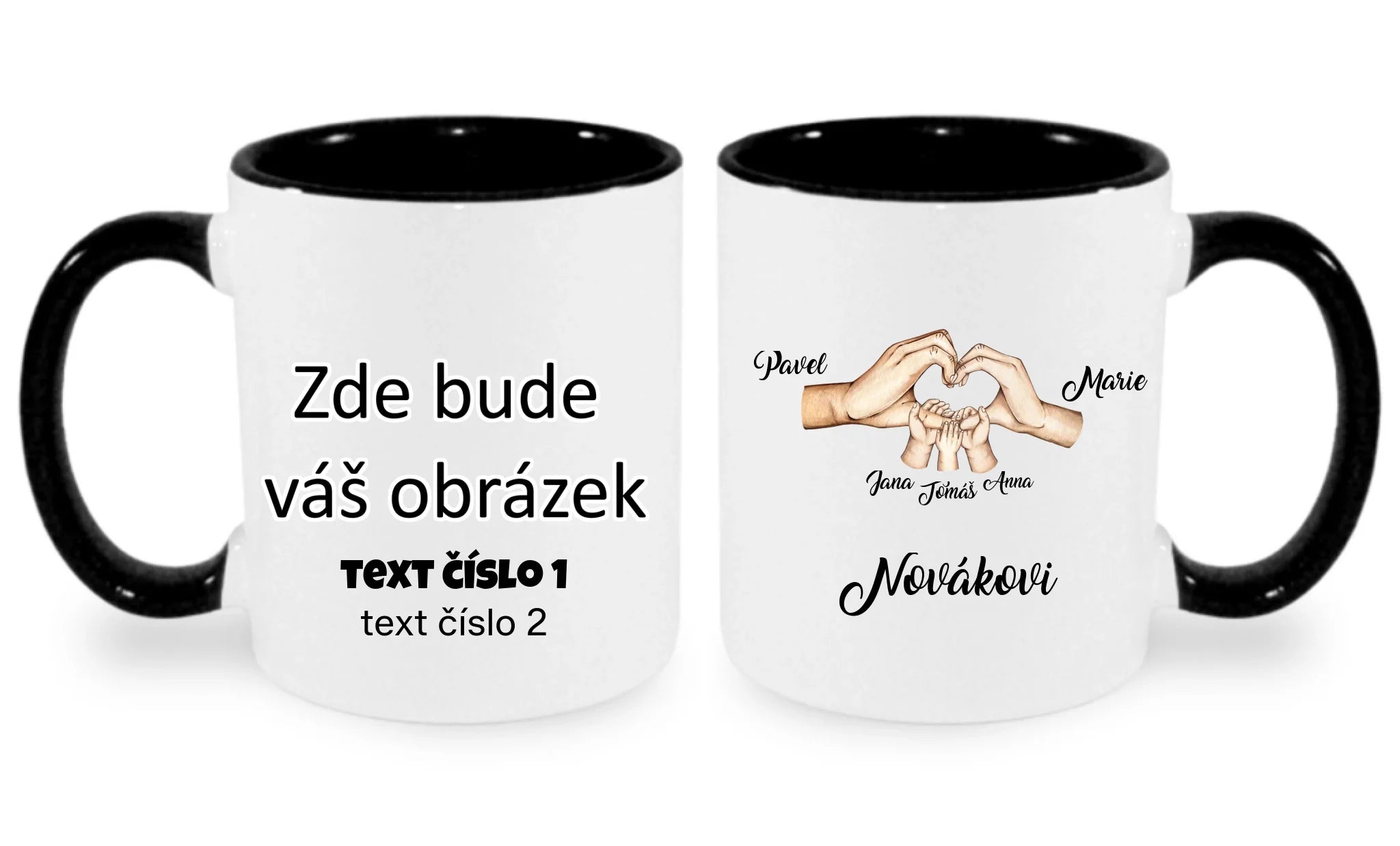 HRNÍČEK s motivem RODINA RUCE (vložíte jména) oboustranný potisk hrníček Bílá černá 330 ml