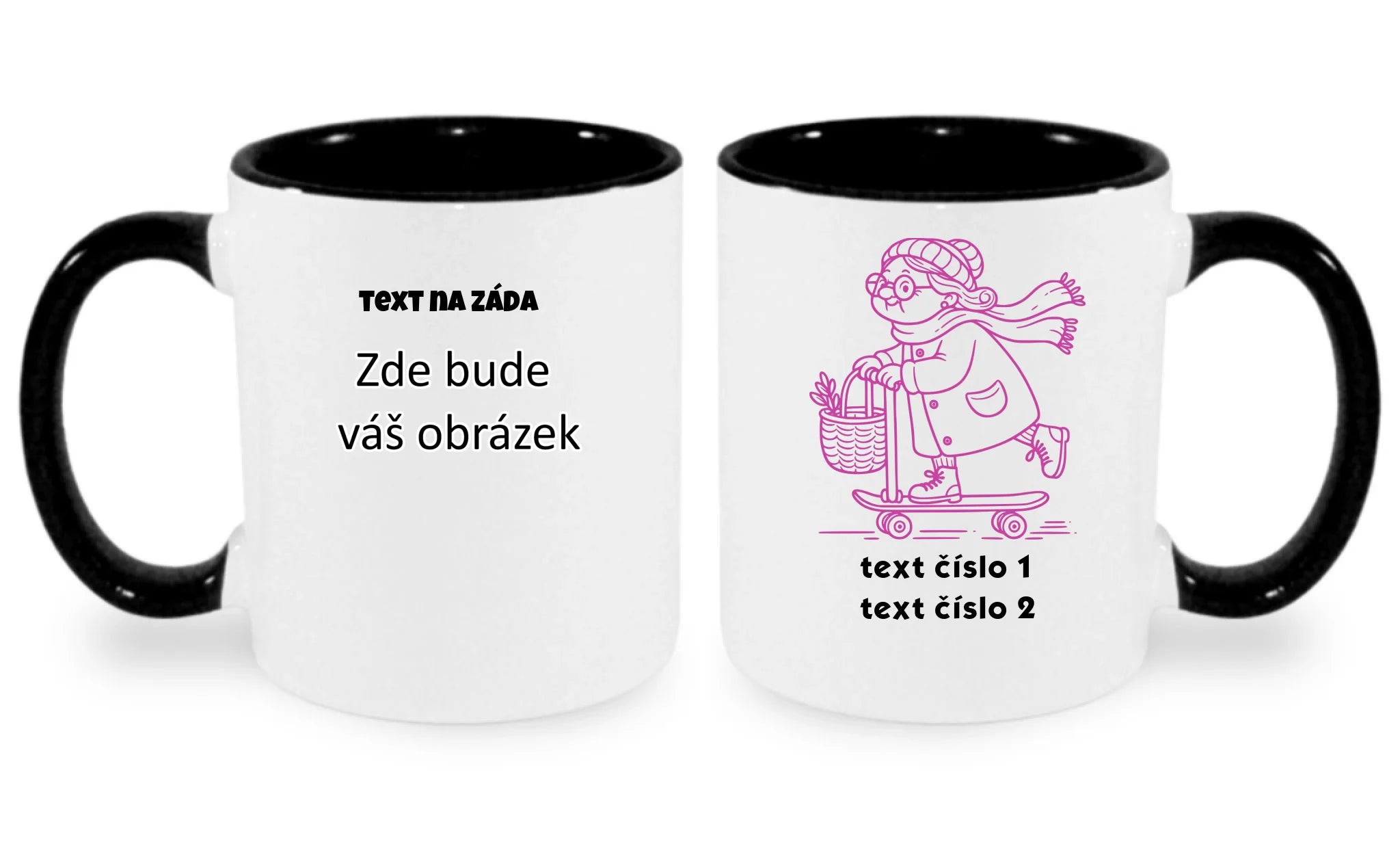 AKČNÍ BABIČKA VÝBĚR OBRÁZKU (10+motivů) a MOŽNOST DOPLNIT VLASTNÍ TEXTY hrníček oboustranný potisk hrníček Bílá černá 330 ml