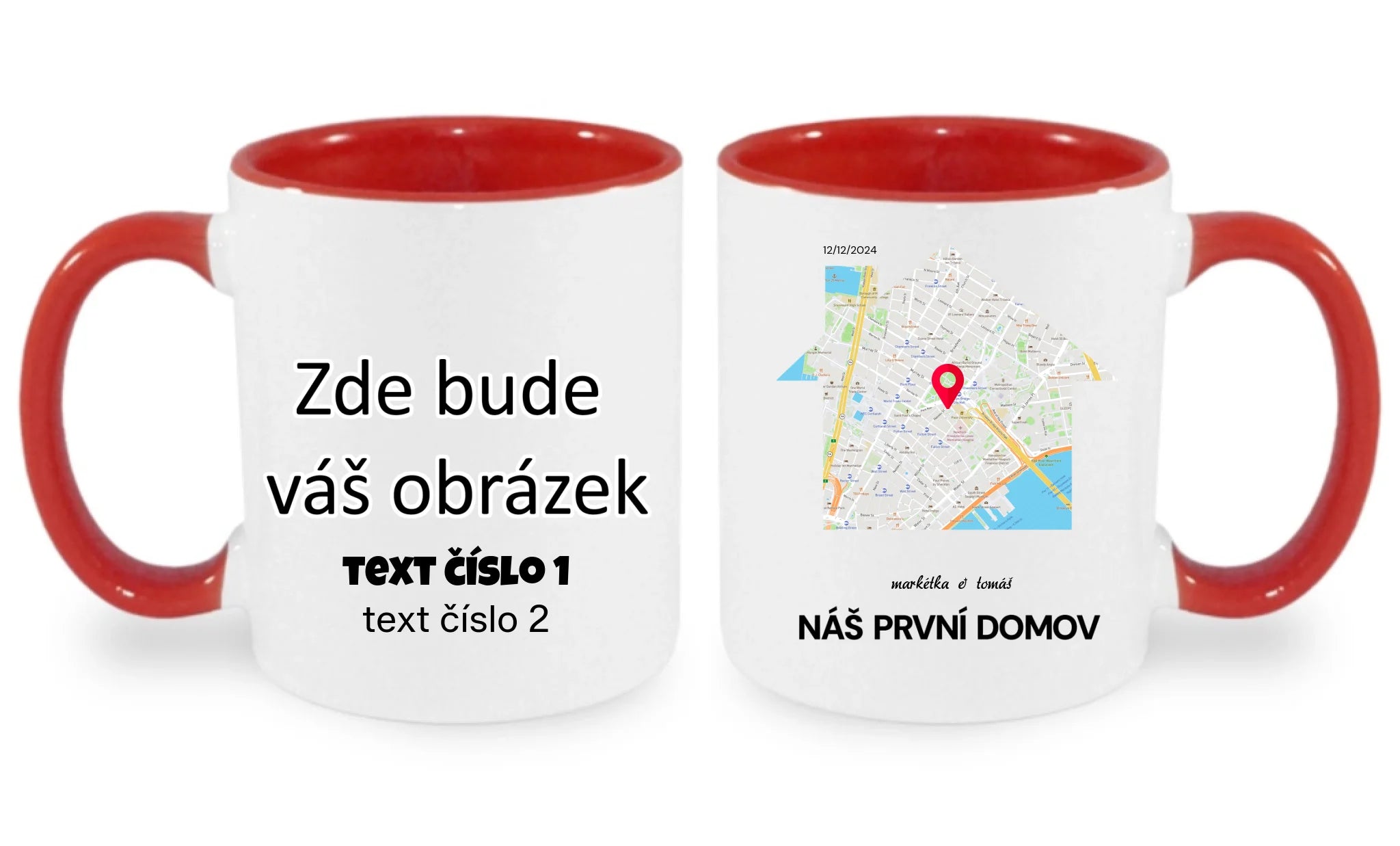 HRNÍČEK s motivem RODINA TADY TO ZAČALO (vyberete tvar mapy, místo, doplníte texty) oboustranný potisk hrníček Bílá červená 330 ml