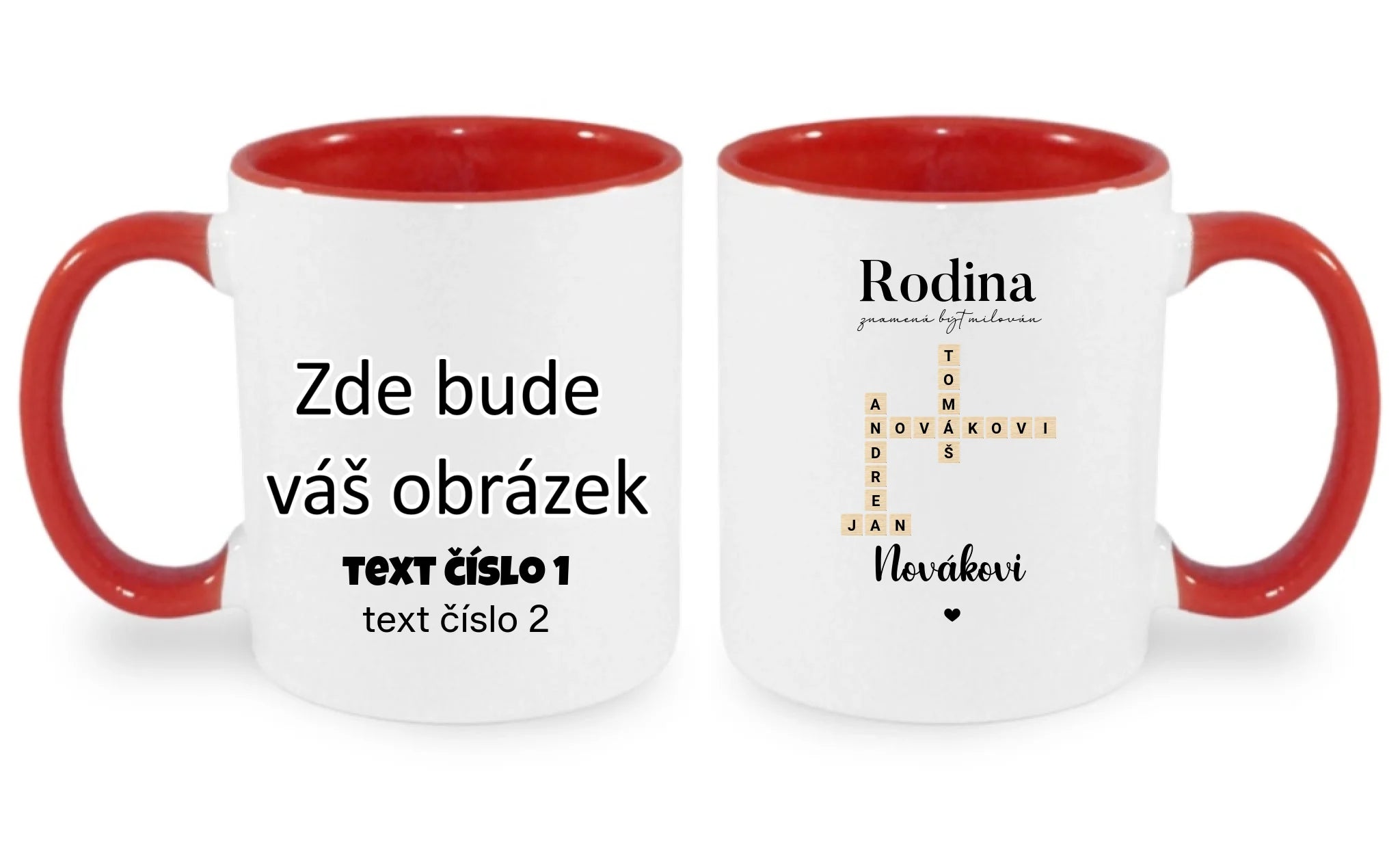 HRNÍČEK s motivem RODINA SCRABLE (vložíte jména, doplníte texty) oboustranný potisk hrníček Bílá červená 330 ml