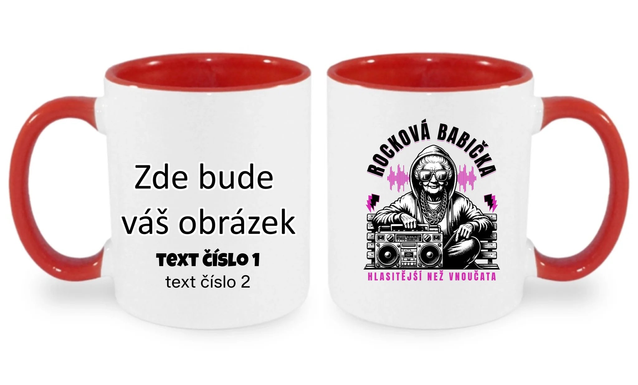 HRNÍČEK s motivem ROCKOVÁ BABIČKA oboustranný potisk hrníček Bílá červená 330 ml