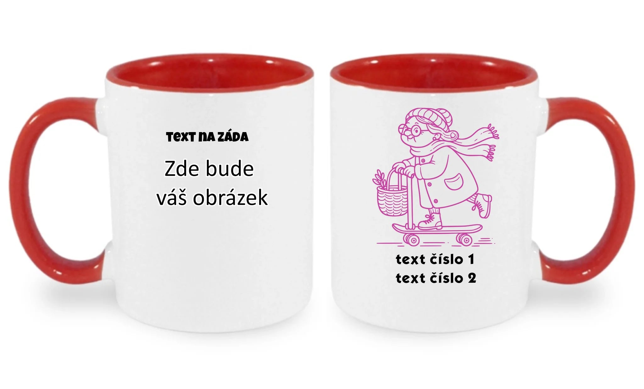 AKČNÍ BABIČKA VÝBĚR OBRÁZKU (10+motivů) a MOŽNOST DOPLNIT VLASTNÍ TEXTY hrníček oboustranný potisk hrníček Bílá červená 330 ml