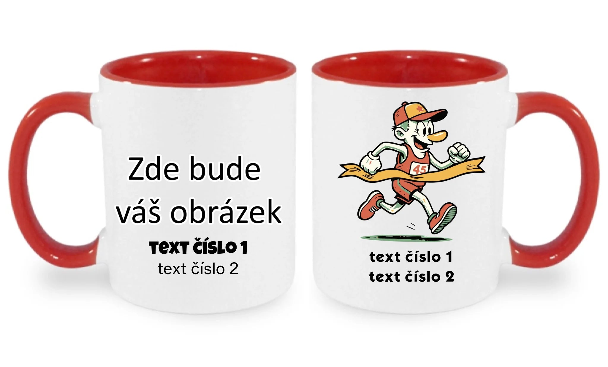 HRNÍČEK s motivem BĚH, KOLO, PLAVÁNÍ (výběr z 25+ obrázků, možnost doplnit vlastní texty) oboustranný potisk hrníček Bílá červená 330 ml