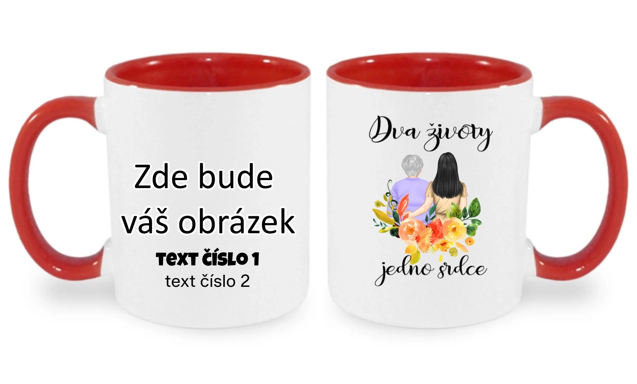 HRNÍČEK s motivem MÁMA A DCERA (vyberete nebo vložíte text) oboustranný potisk hrníček Bílá červená 330 ml